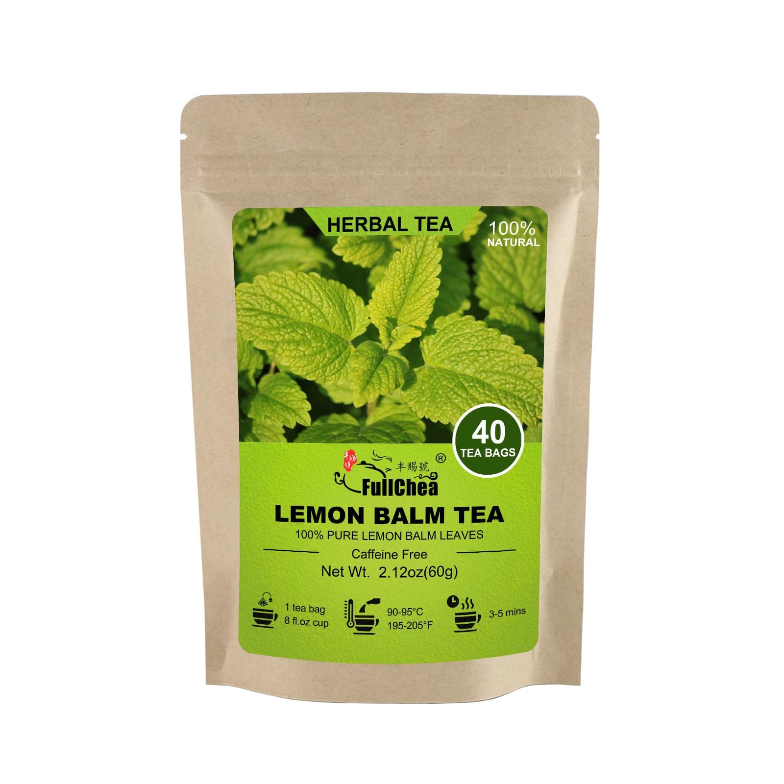FullChea - Lemon Balm Tea Bag, 40 Teabags, 1.5g/bag - Premium Lemon Balm Herb - Melissa Officinalis - Non-GMO - Caffeine-free - Promotes Relaxation & Support Digestion, 40.0 Count