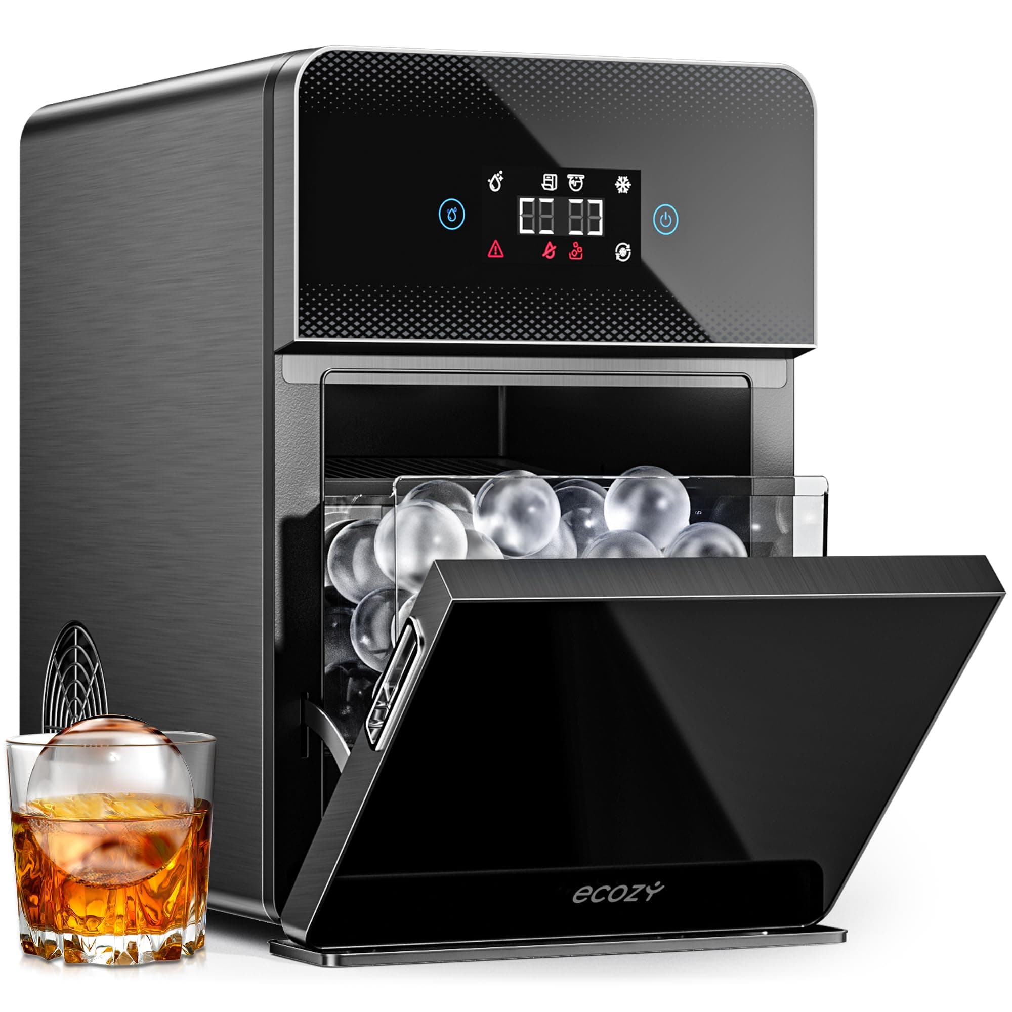 ecozy 2" Clear Ice Ball Maker Countertop with CrystalFlux Technology, 4 pcs in 40 Mins, 144 pcs/Day, Sphere Ice Maker with Automatic Water Supply, Self-Cleaning, Enhanced Insulation for Whiskey Bar