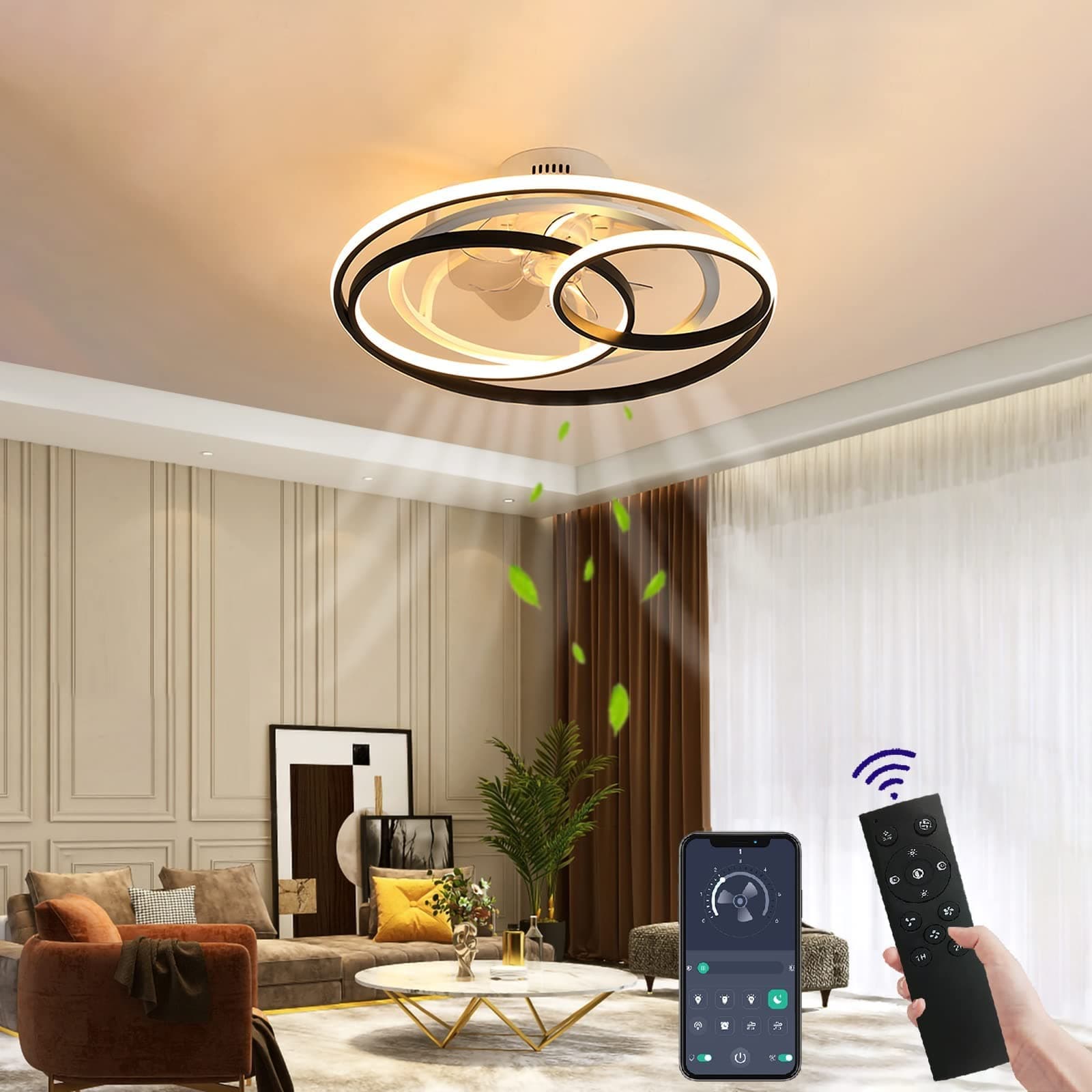 Wildcat Ceiling Fan with Lighting, LED Ceiling Light with Fan, Remote Control, Fan, Ceiling Light, Invisible, Quiet Ceiling Light for Dining Room, Living Room, Bedroom
