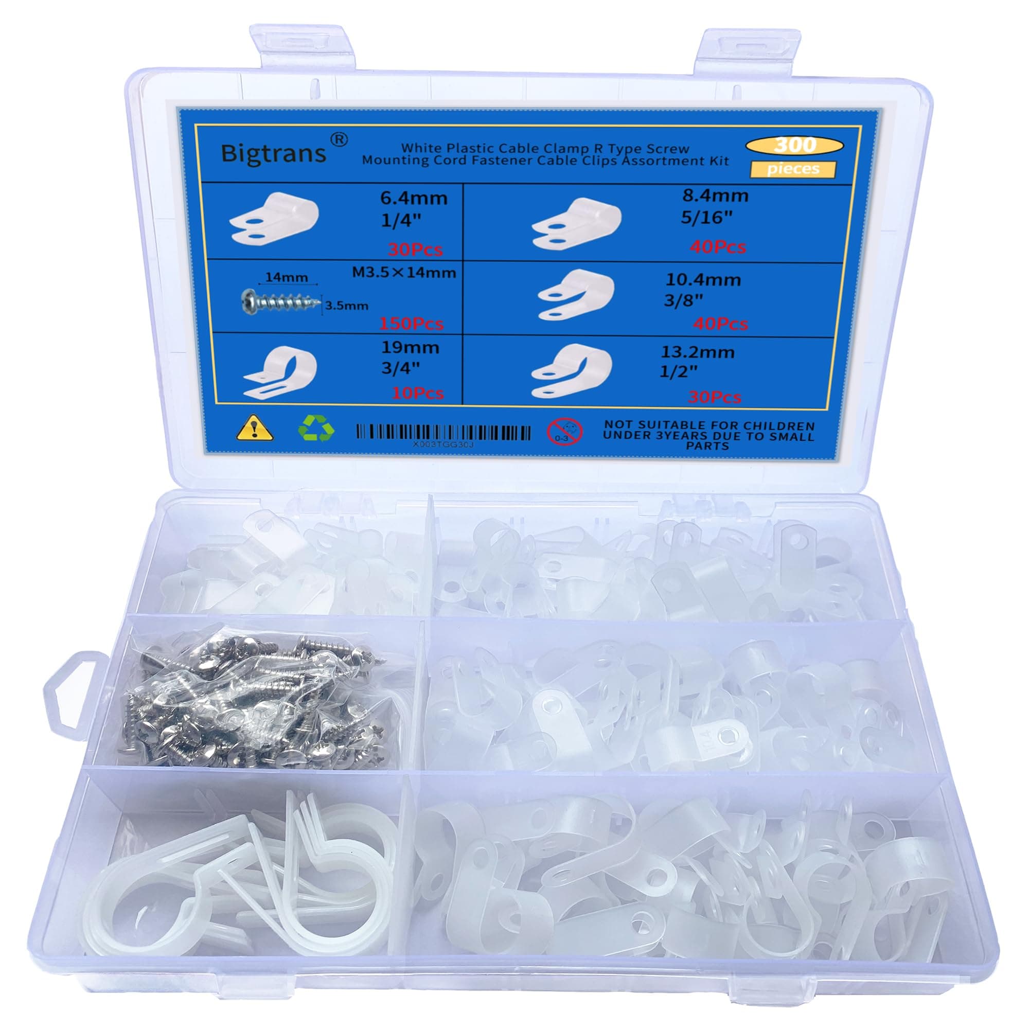 Bigtrans 300 Pcs Nylon Plastic R-Type Wire Clips with Screws 1/4" 5/16" 3/8" 1/2" 3/4" Clamps Fasteners Assortment for Cable Conduit -5 Size -White