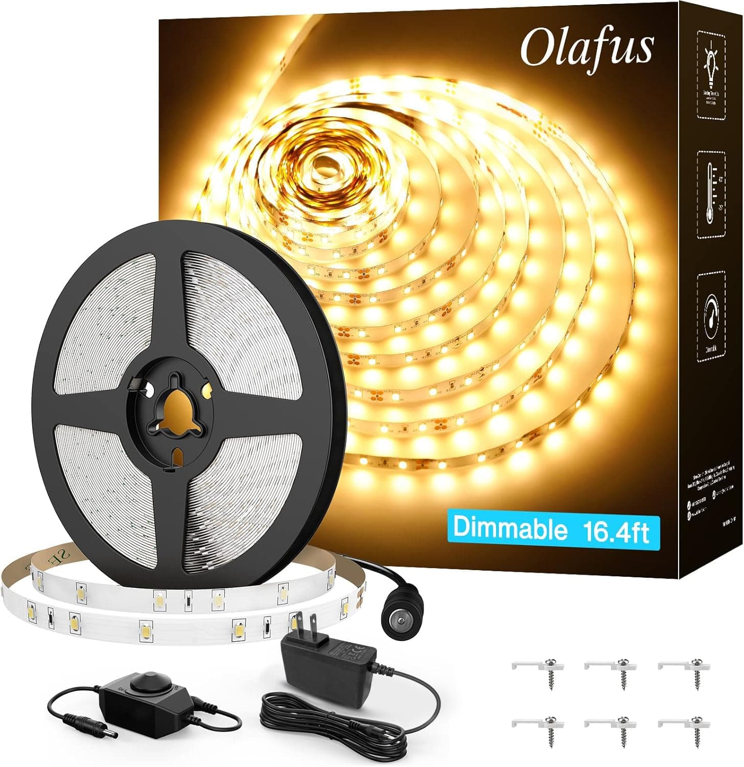 16.4ft LED Strip Lights Warm White Dimmable, LED Rope Light Kit 12V Flexible Under Cabinet Lighting Strips, 5m 300 LEDs 2835, 3000K Bright Led Lights for Bedroom, UL Listed Plug