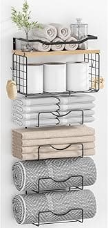Towel Racks for Bathroom,Towel Rack Wall Mounted, 6 Tier Rolled Or Folded Towel Holder with Floating Shelves, Bathroom Towel Holder for Bath, Hand Towels,Metal,Walnut Wood Panel