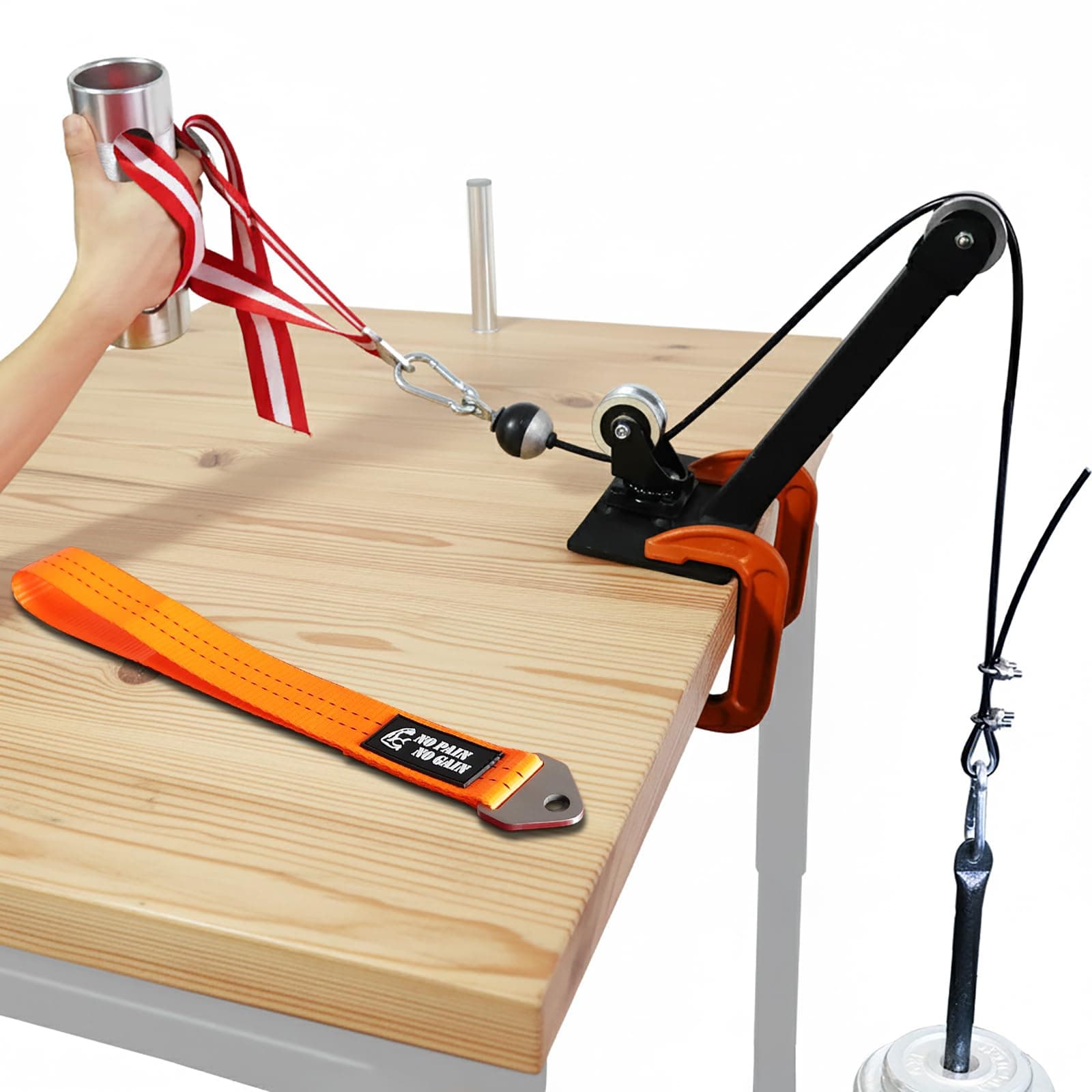 Arm Wrestling Pulley Training System Kit for Table Professional Forearm and Wrist Strengthener with Aluminum Rotating Pulleys Adjustable 1.5m Cable, Loading Pin and Training Strap for Home Gym Workout