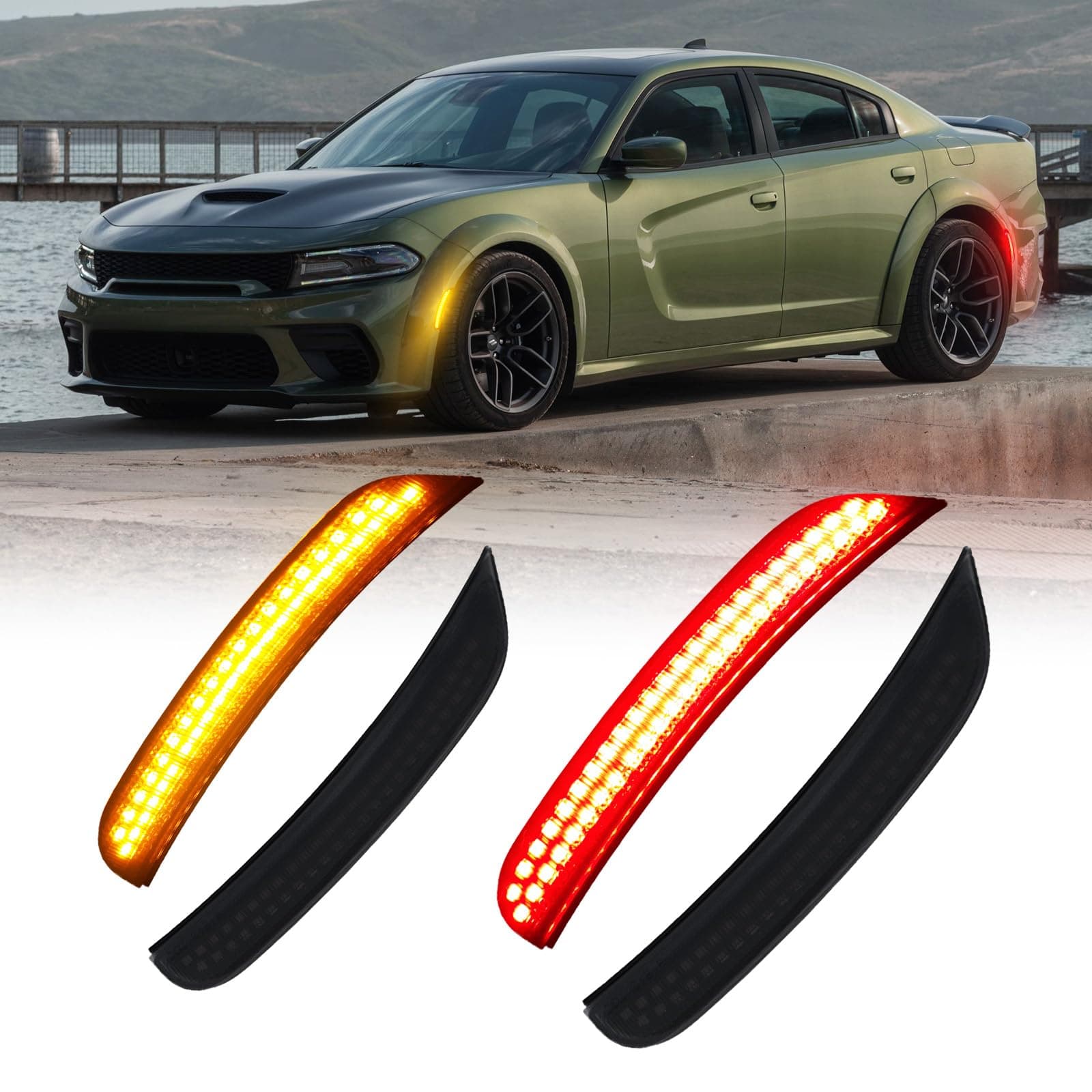 AUTOONE - Red and Yellow LED Side Marker Lights Compatible with 2015-2023 Dodge Charger, Front and Rear Bumper Marker Lights, Smoked Lenses, 4pcs