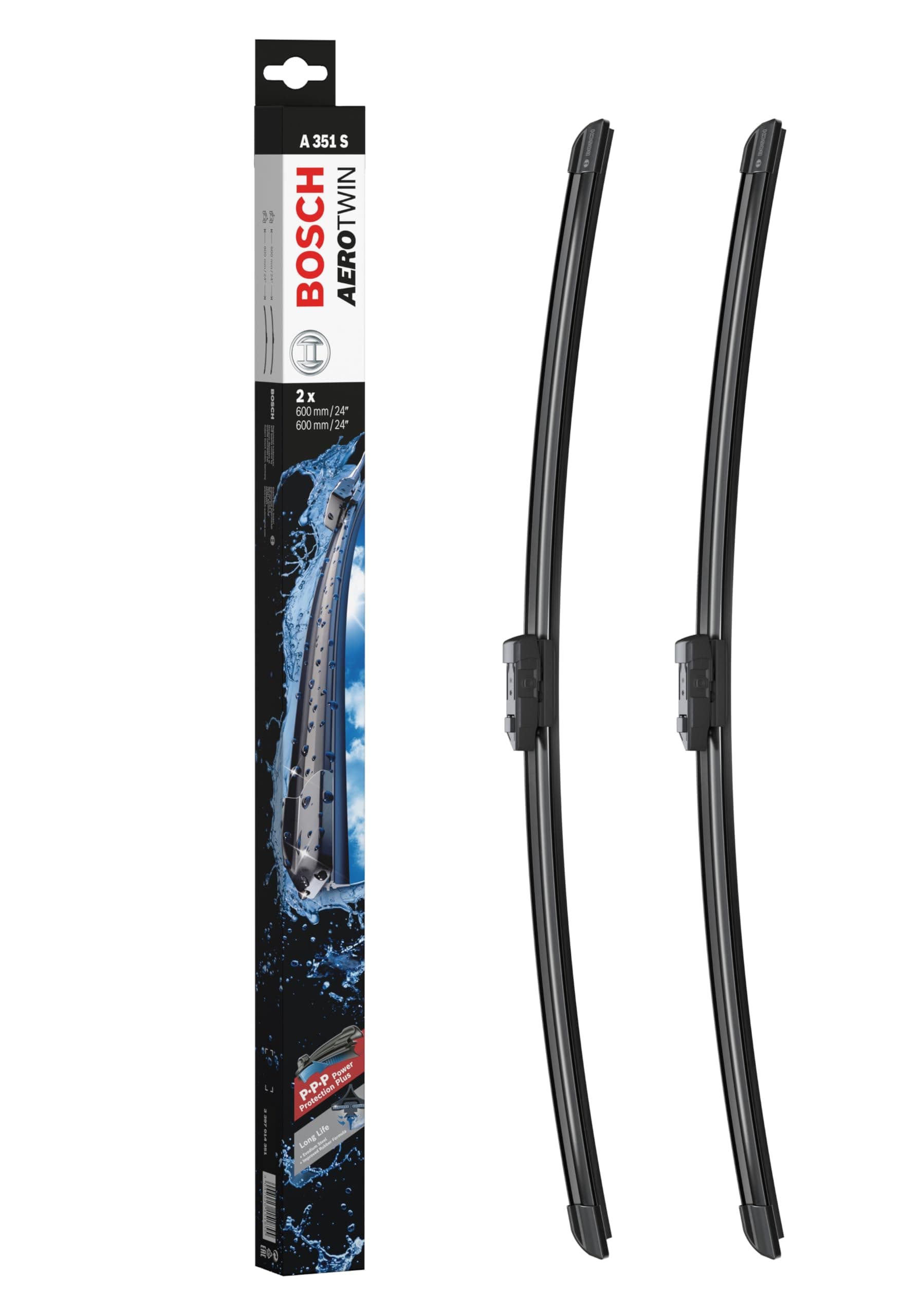 Bosch Aerotwin A 351 S - Front Windscreen Wipers - Set of 2 Replacement Blades - Comes with Pre-assembled Adapter - 2 Blades, 600mm/600mm - Only for left-hand drive (EU)