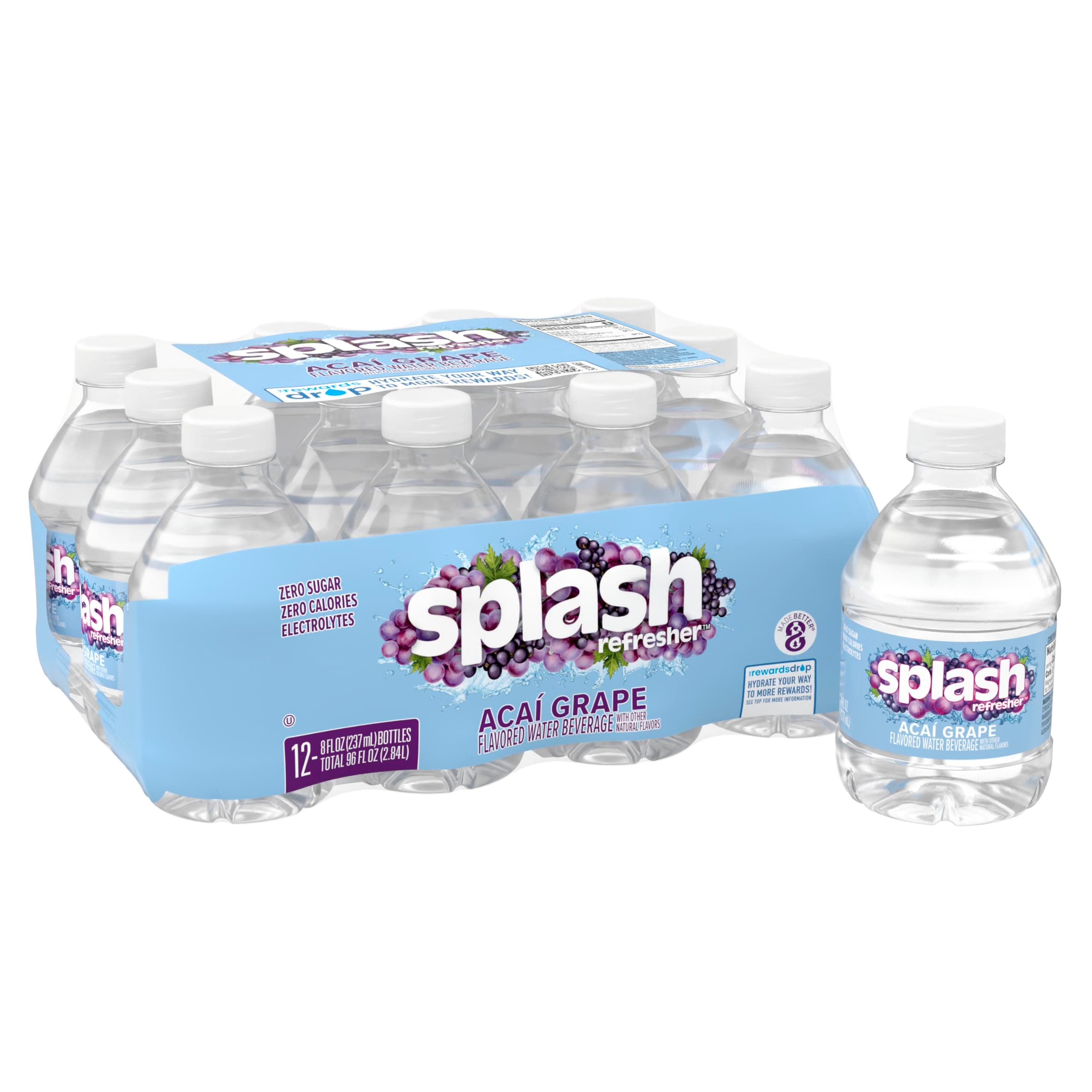 SPLASH REFRESHER Acai Grape Flavored Water, 8 Fl Oz, Plastic Bottle Pack of 12