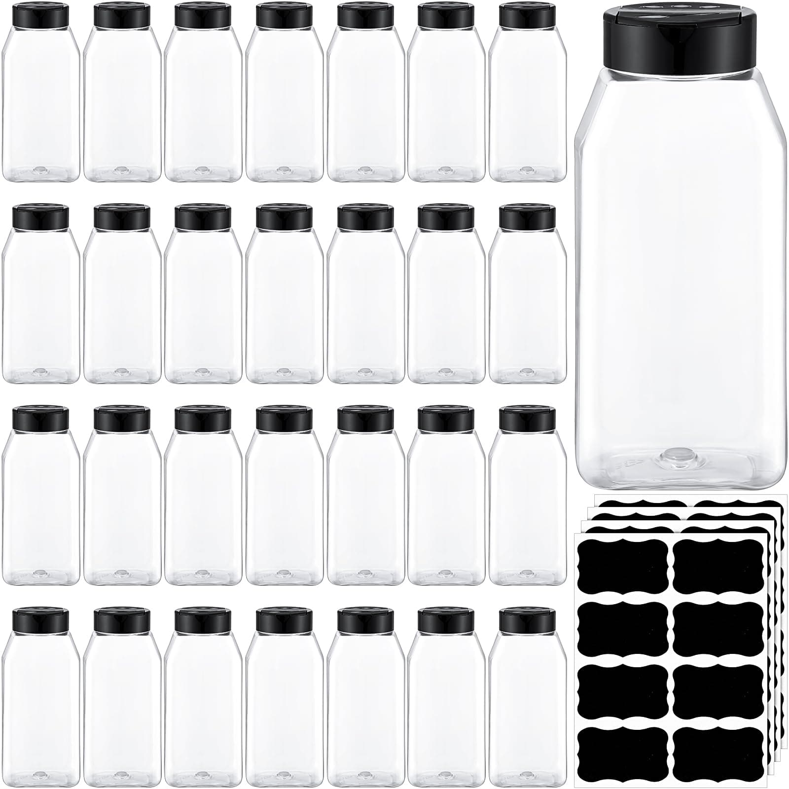 Mifoci 28 Pack 16 oz Plastic Spice Jars with Cap Square Plastic Bottle Containers with Shaker Lids and Stickers Large Seasoning Shaker Empty Powder Storage Container for Storing Salt Herbs (Black)