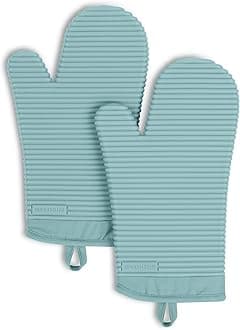 Ribbed Soft Silicone Oven Mitt 2-Pack Set, Mineral Water Aqua, 7.5"x13"