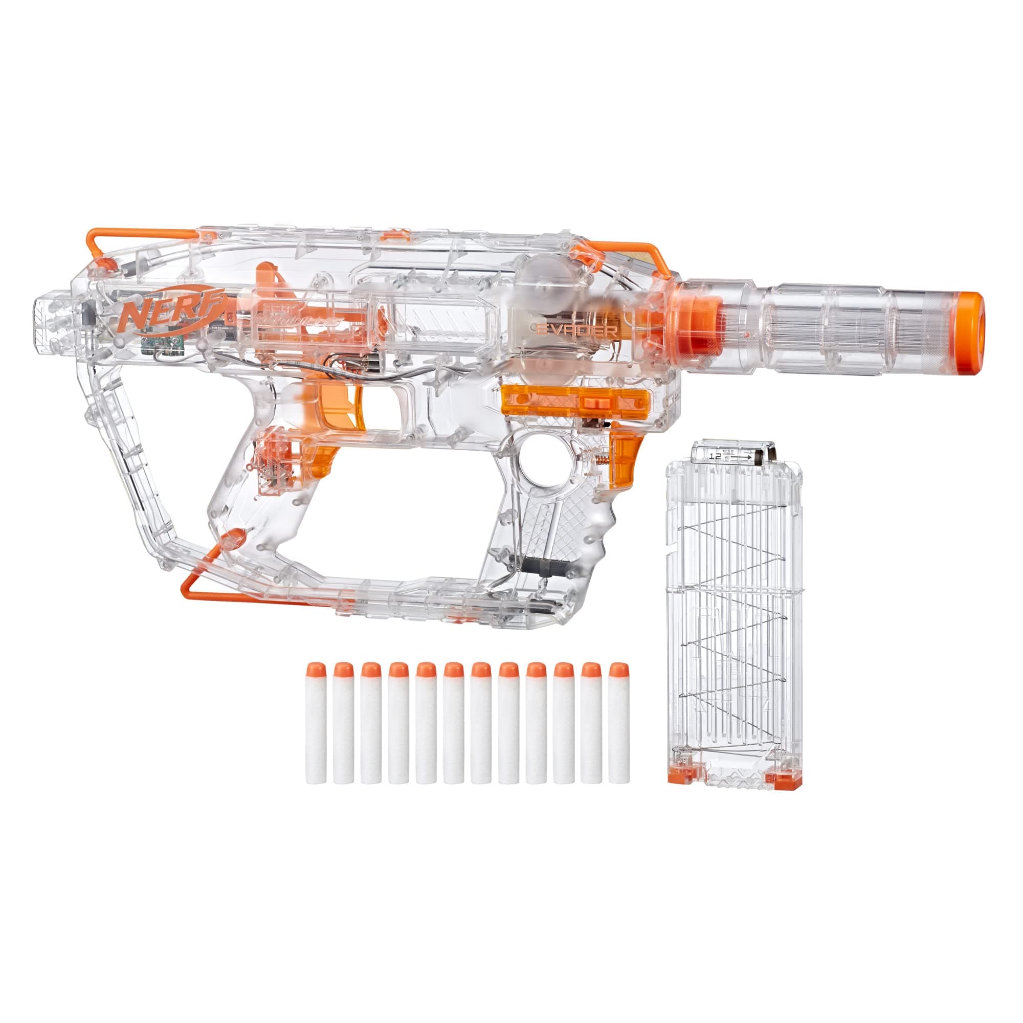 Nerf Evader Modulus Motorized Light-Up Toy Blaster Includes 12 Official Darts, 12-Dart Clip, Light-Up Barrel Extension for Kids, Teens, and Adults, Multicolor