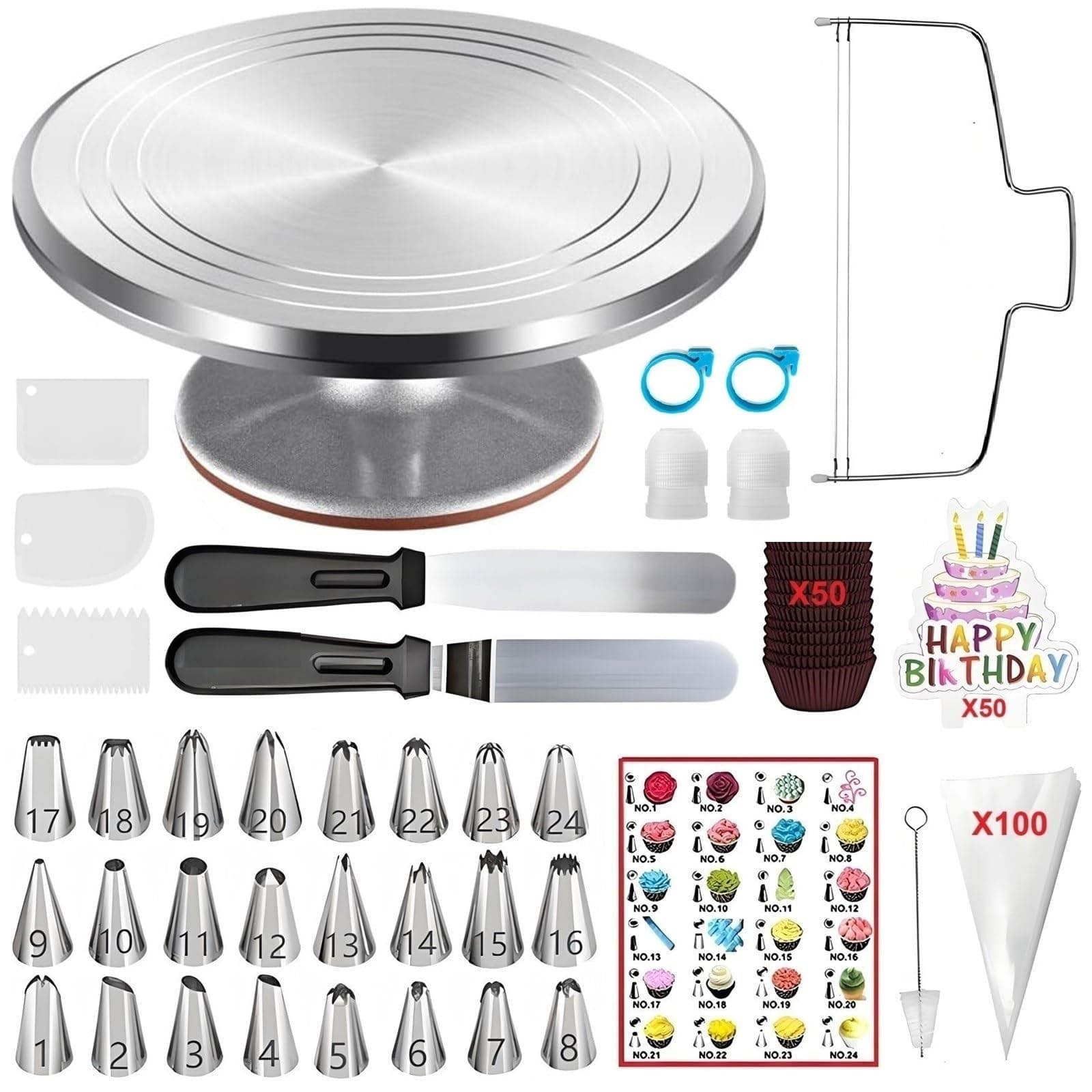 ANSLYQA Cake Decorating Kit, 237 Pcs with Aluminium Cake Turntable, Leveler, 24 Numbered Icing Tips, 2 Spatulas, 3 Scrapers, 2 Coupler, 50 Cupcake Liners, 100 Pastry Bags & More Baking Tools