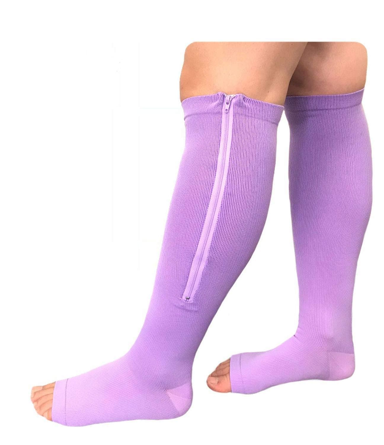 Presadee Overnight Open Toe 15-20 mmHg Zipper Compression Grade Sleeping Night Time Leg Circulation Calf Swelling Relief Purple Socks (2XL)