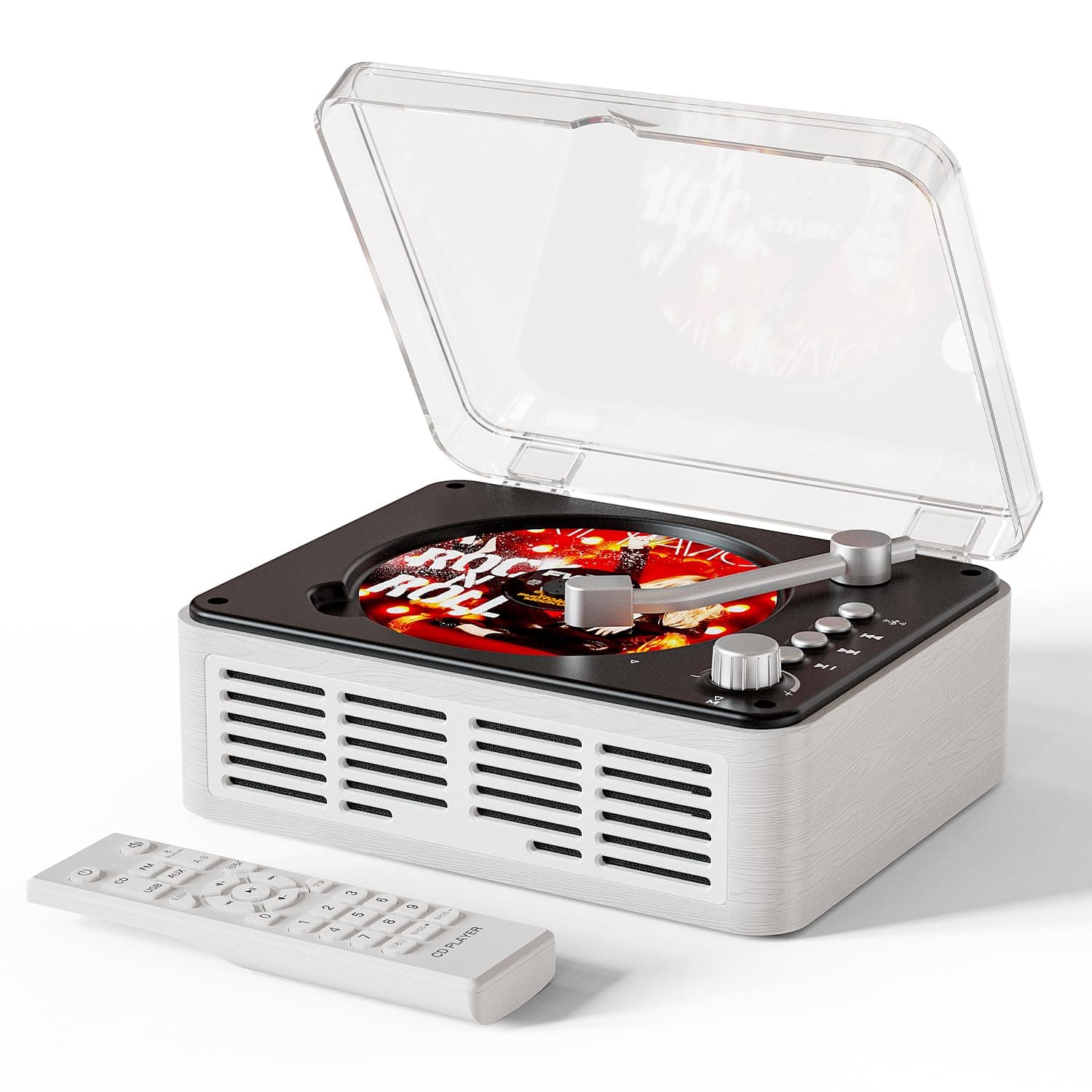 CD Player with Bluetooth Transmitter, Nostalgic Retro Wood Music Player, Built-in Speakers-Bass Boost, FM Radio for Home/Wired&Remote Control-White