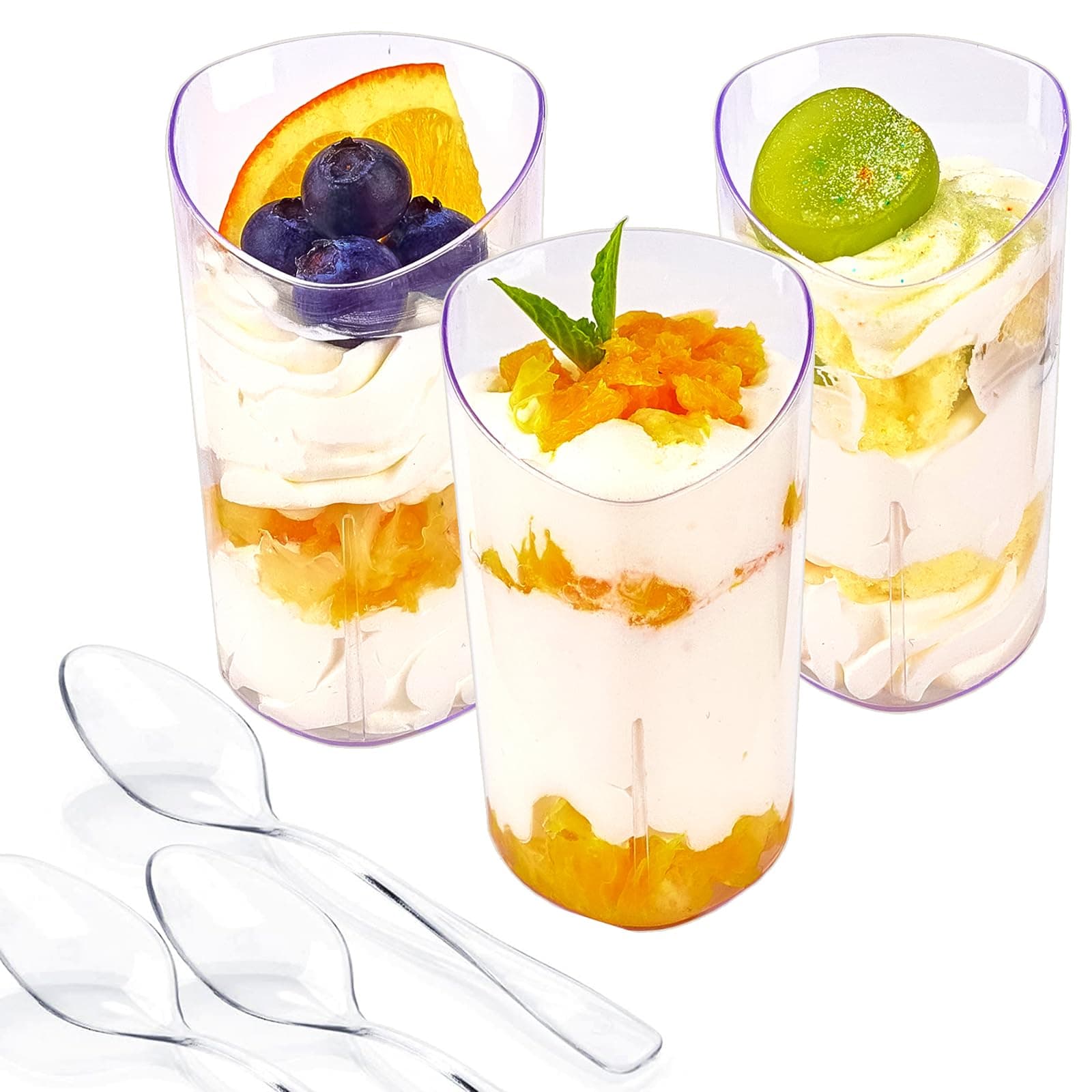 50 Pack Mini Dessert Cups with Spoons, 3 oz Clear Plastic Parfait Appetizer Cups, Small Reusable Shooter Serving bowls for Tasting, Slanted Triangle Dessert Shot Glasses