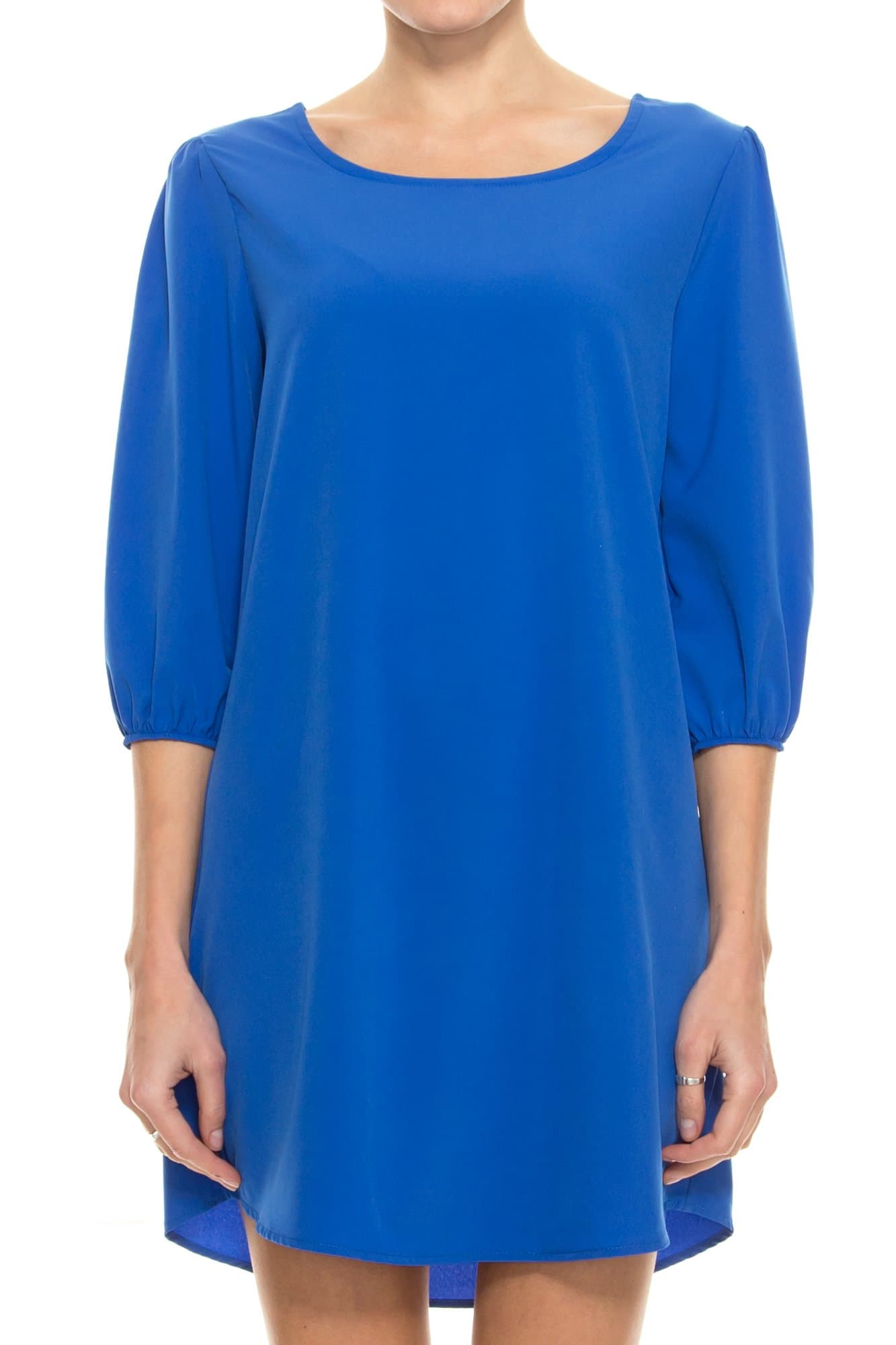 KLKD A097 Women's Solid Round Neck Bishop 3/4 Sleeve Shift Dress, Blue, Small