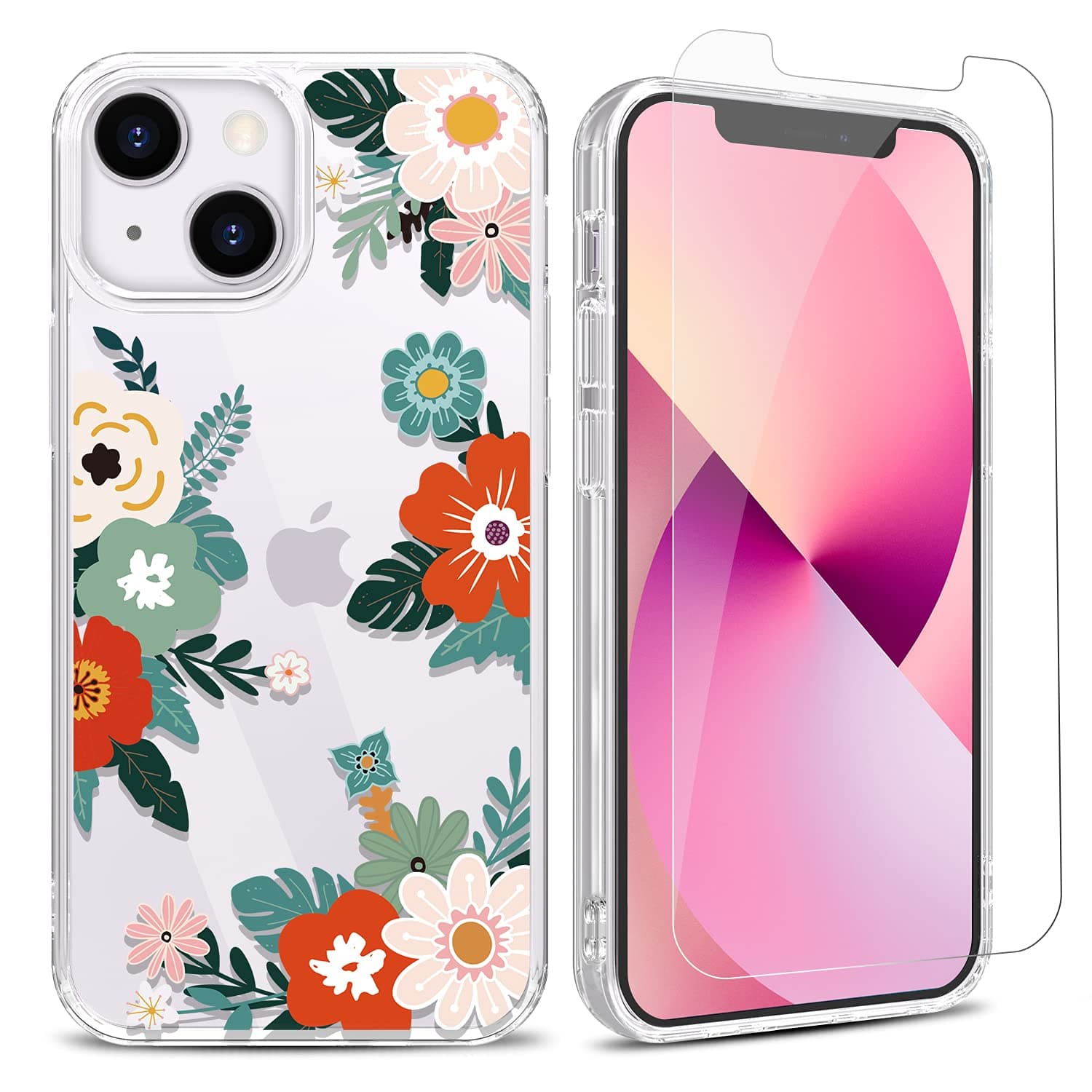 YAYOII Case for iPhone 13 with Screen Protector, Clear Floral Patten Design for Women Girls Soft Flexible TPU Shockproof Protective Flower Bumper Cover Slim Fit Thin 6.1-inch 2021-Buds of May