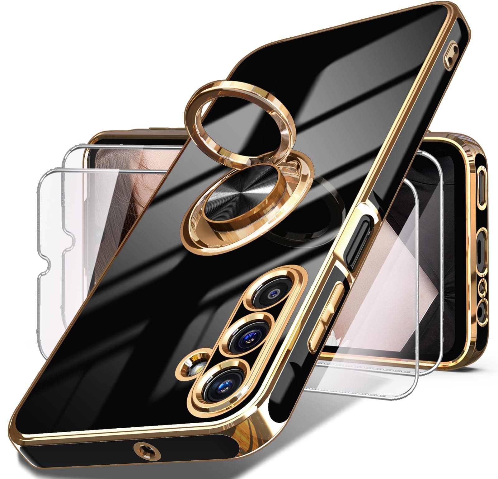 Dretal for Samsung Galaxy A15 5G Case, Screen Protector, 360° Rotatable Ring Holder Magnetic Kickstand,Plated Gold Edge Slim Soft TPU Protective Phone Cover for Galaxy A15 5G (Black)