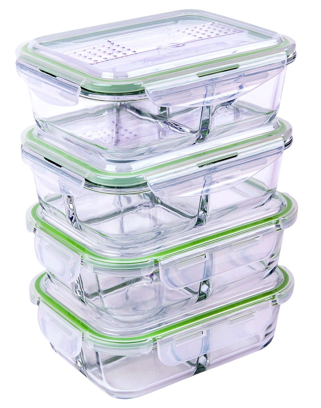 [4 PACK] Zenware Freshsav Series 35.5 oz Compartmentalized Glass Meal Prep Food Storage Containers Set Airtight locking Lids | Microwave, Freezer, Oven & Dishwasher Safe