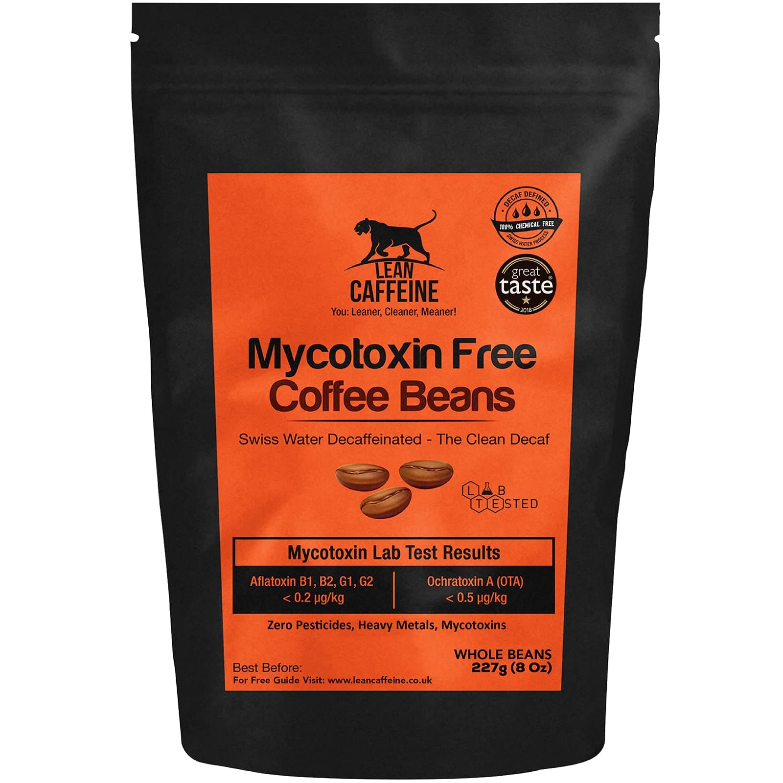 Lean Caffeine Bulletproof Coffee Decaf Coffee Beans 227g | Super Clean Mycotoxin, Pesticide & Heavy Metal Free Bulletproof Coffee | Swiss Water Decaffeinated Coffee Beans
