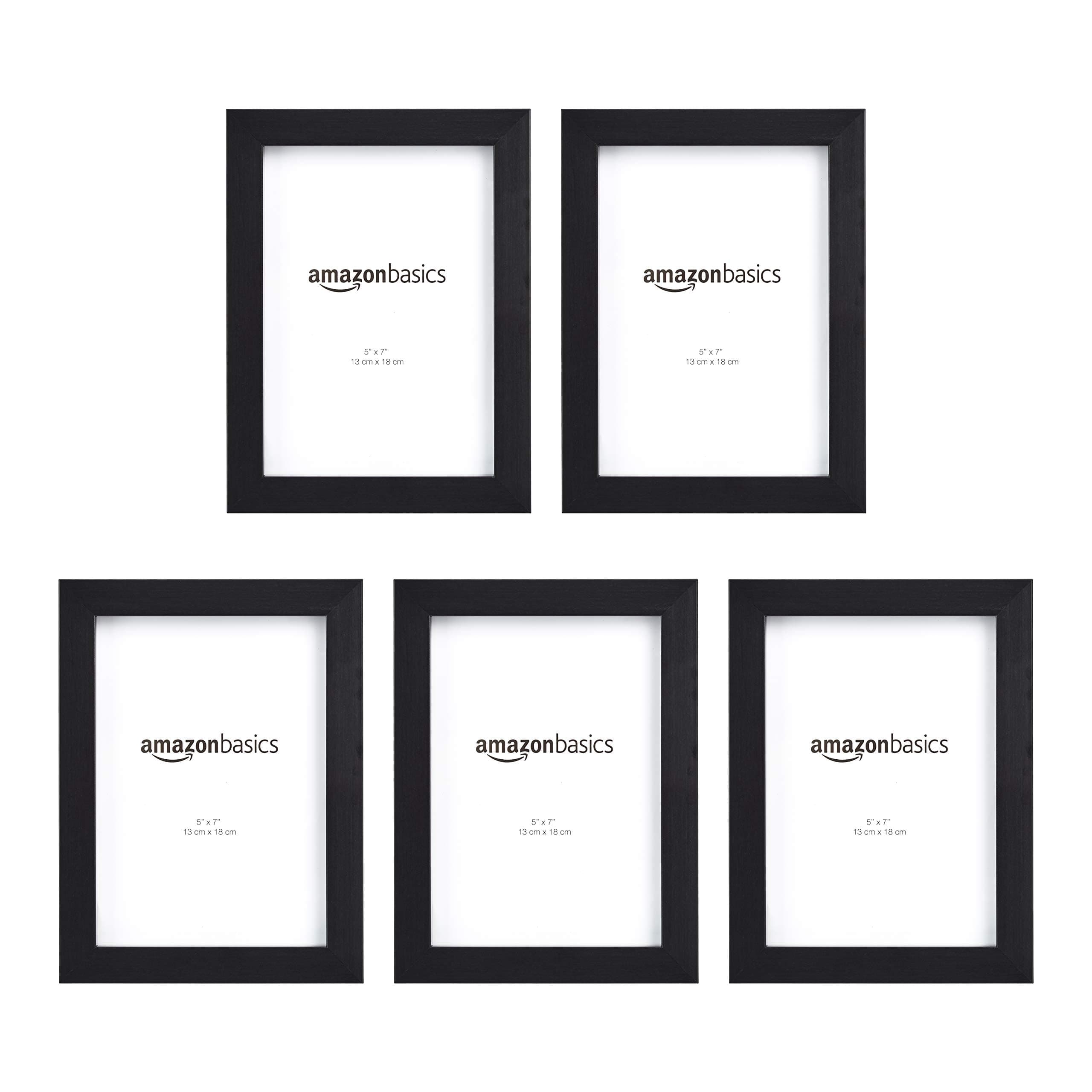 Amazon Basics Rectangular Picture Frame Set for Wall Hanging or Tabletop Display, 5 x 7 in, Black, Horizontal and Vertical Formats, 5-Pack