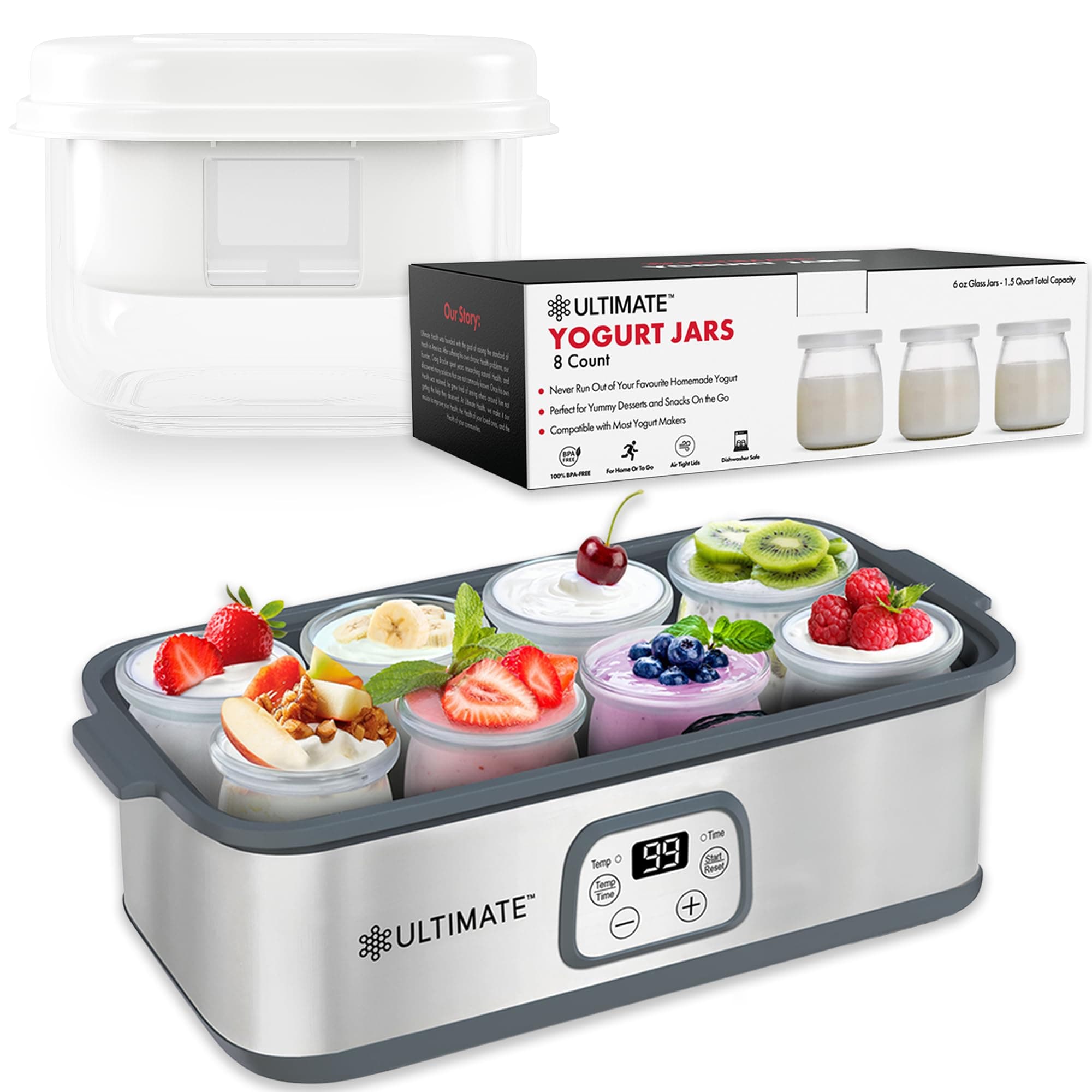 Jars with Yogurt Maker and Eight 6oz Jars plus Yogurt Strainer Bundle, Make Trillions of Live Probiotics at Home and Make Greek Yogurt