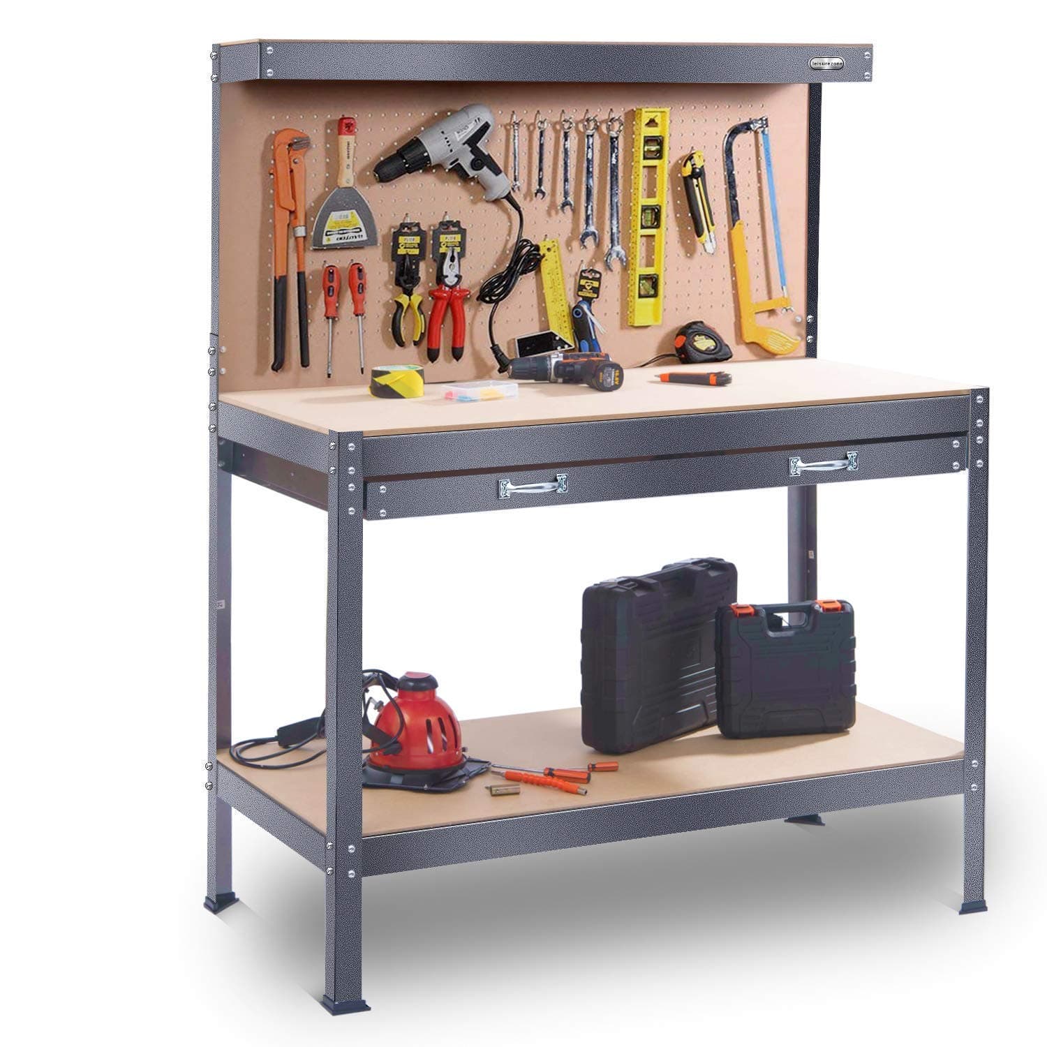 Garage Workbench Pegboard Heavy Duty Steel Multi-Purpose Workbench Tool Table with Large Storage Drawer | Grey Hammered Texture Finish | Massive 230kg Capacity +12 Pegs (H150 x W60 x L120)