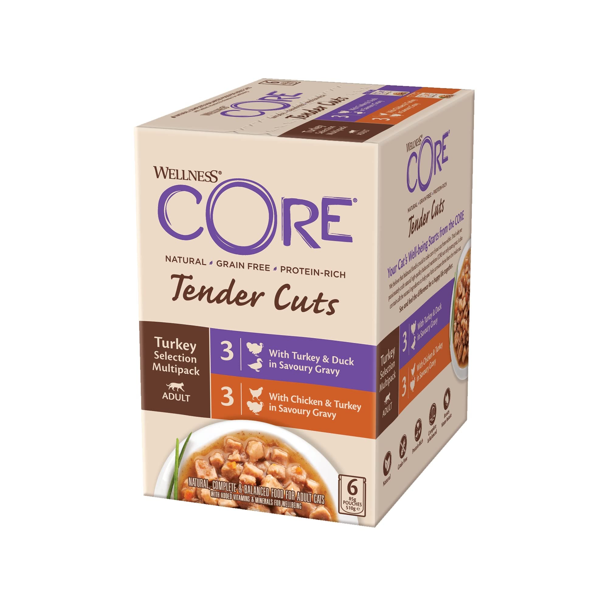 Wellness CORE Tender Cuts, Turkey Selection Mix, 6 x 85 g, Wet Food for Adult Cats in Sauce, No Added Sugar, Grain-Free, High Meat Content