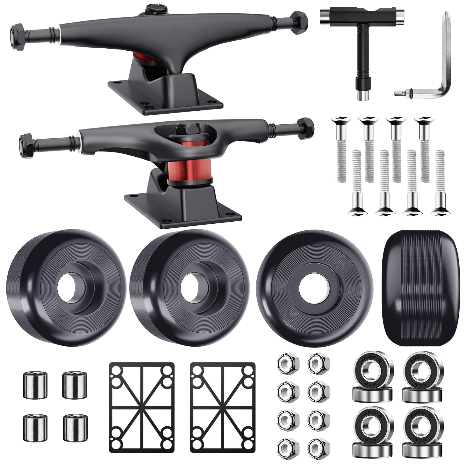 Skateboard Trucks, Fits 7.75-8" Deck, Skateboard Wheels 52mm, Skateboard Bearings ABEC-9, Skateboard Pads, Skateboard Hardware Tool Combo Starter Set