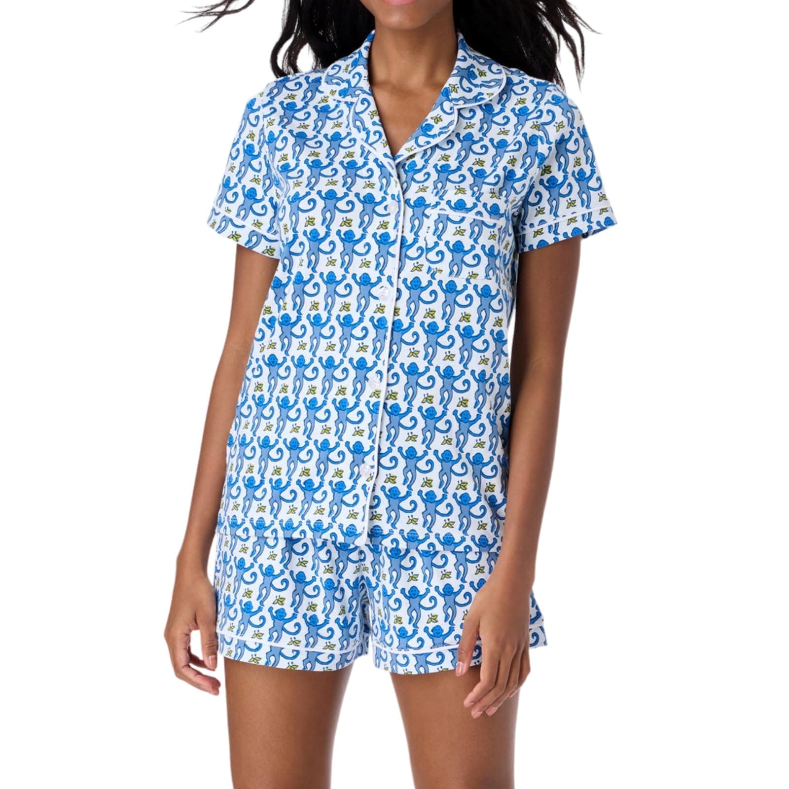 Womens Pajamas Set Trendy 2 Piece Button Down Monkey Bunny Shorts Set Y2k Roller Dupes Rabbit Preppy Loungewear Pjs Blue, Small