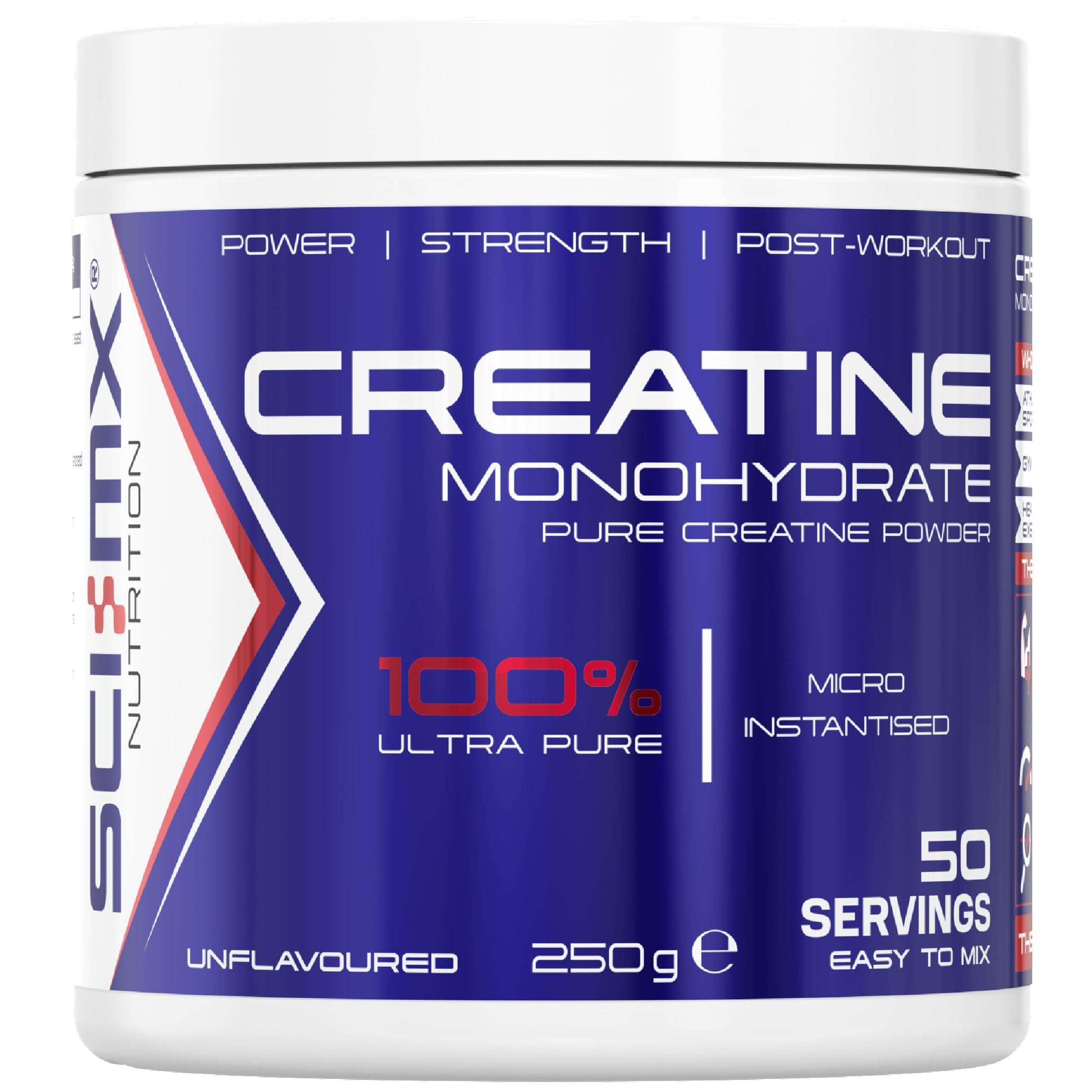 SCI-MX Creatine Monohydrate Powder • 250g • 100% Ultra Pure Micro-Instantised Creatine • Easy to Dissolve & Unflavoured • Supplement for Strength, Power & Performance • Vegan • for Men & Women