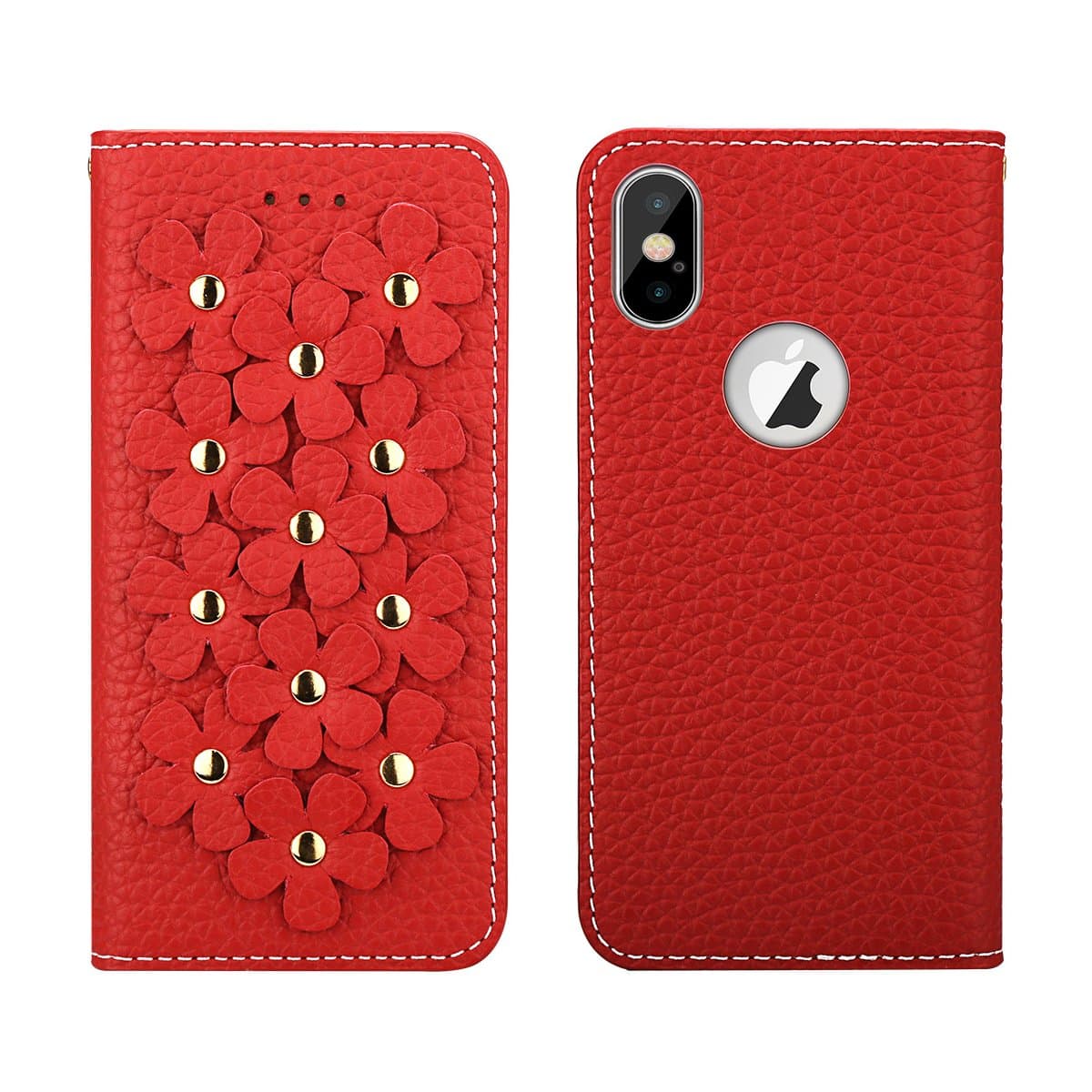 iPhone X Case (5.8"), Premium Handmade PU Leather Wallet Case with 2 Card Holder for Apple iPhone X, Book Design 3D Flower Patchwork Flip Cover Case for Girls and Women (Red)