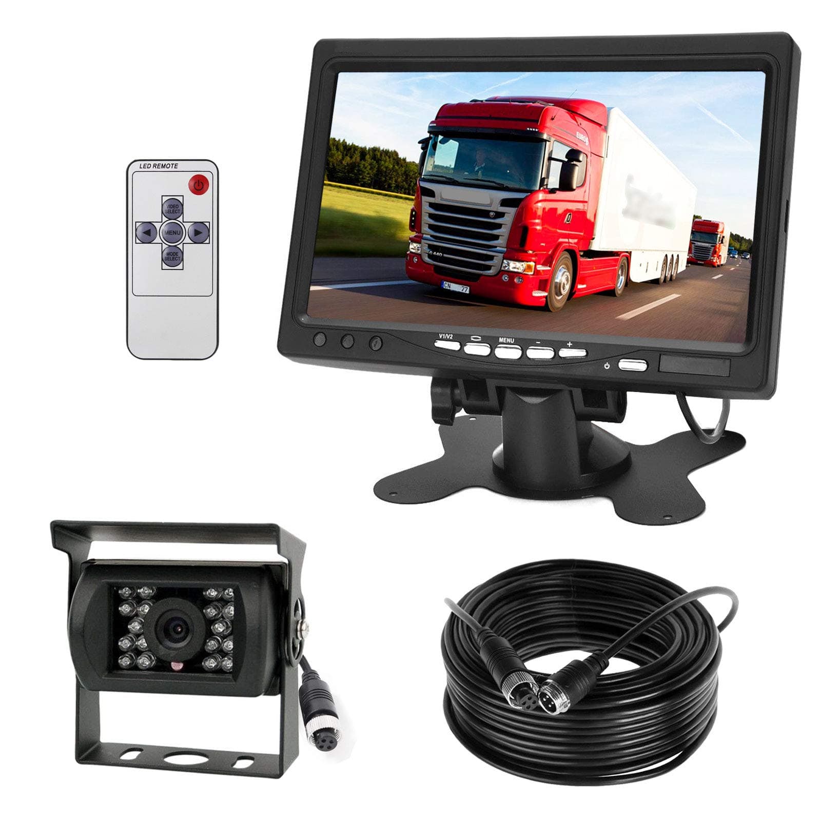 – Reversing Camera Kit, 4 Pin 18LEDs Waterproof Night Vision Reverse Rear View Camera with 15M Aviation Cable+12V-24V 7" Color TFT LCD HD Car Monitor For Large Truck/Bus/RV/Trailer/Tractor/camper