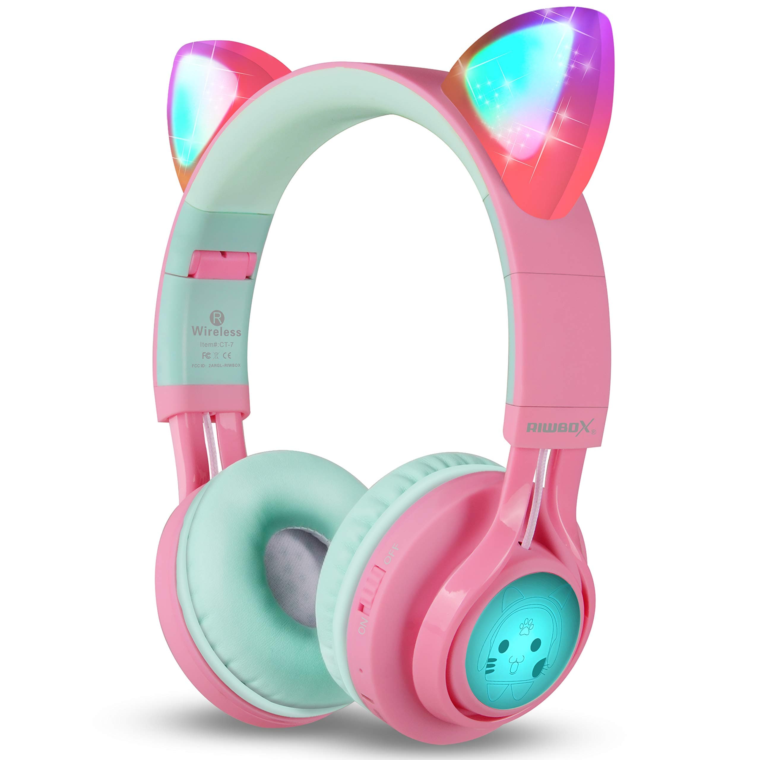 CT-7 Cat Ear Bluetooth Headphones, LED Light Up Bluetooth Wireless Over Ear Headphones with Microphone and Volume Control for Travel/School/Smartphones/Laptop/PC/TV (Pink&Green)