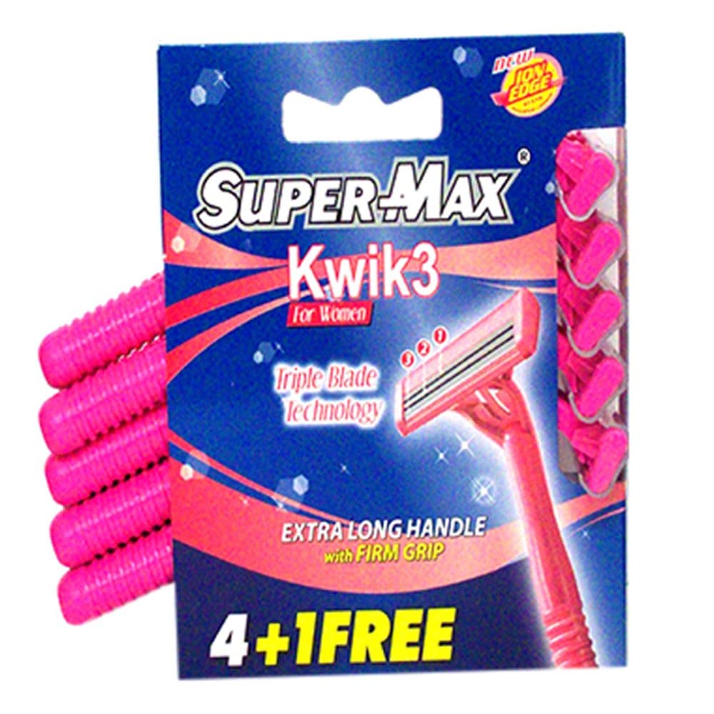 Super Max Kwik3 Extra Long Handle Razor Blades With Firm Grip (4+1 Pack), Pink