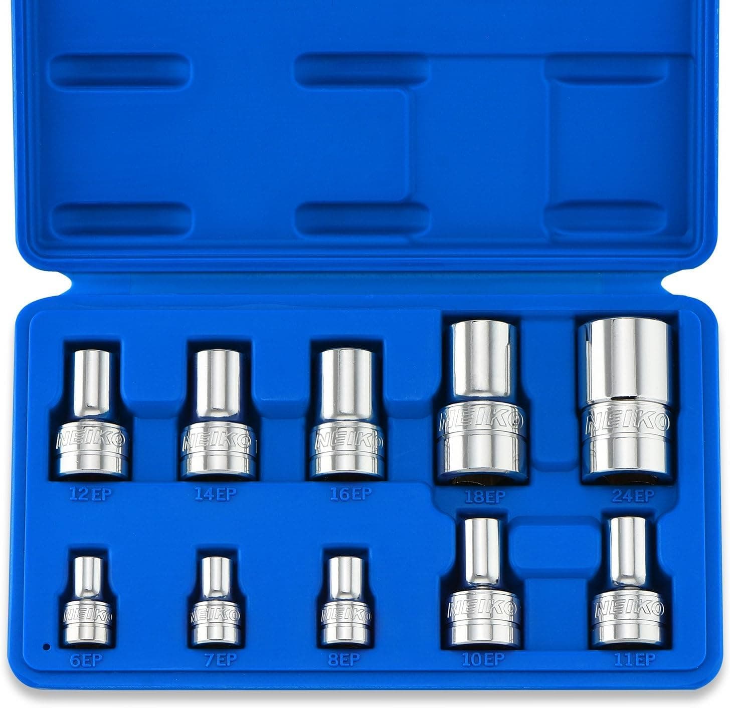 Neiko 02473A External Torx Plus Socket Set,10 Piece | 1/4-Inch EP6 - EP8, 3/8-Inch EP10 - EP16, 1/2-Inch Square Drive EP18 and EP24 | CR-V Steel