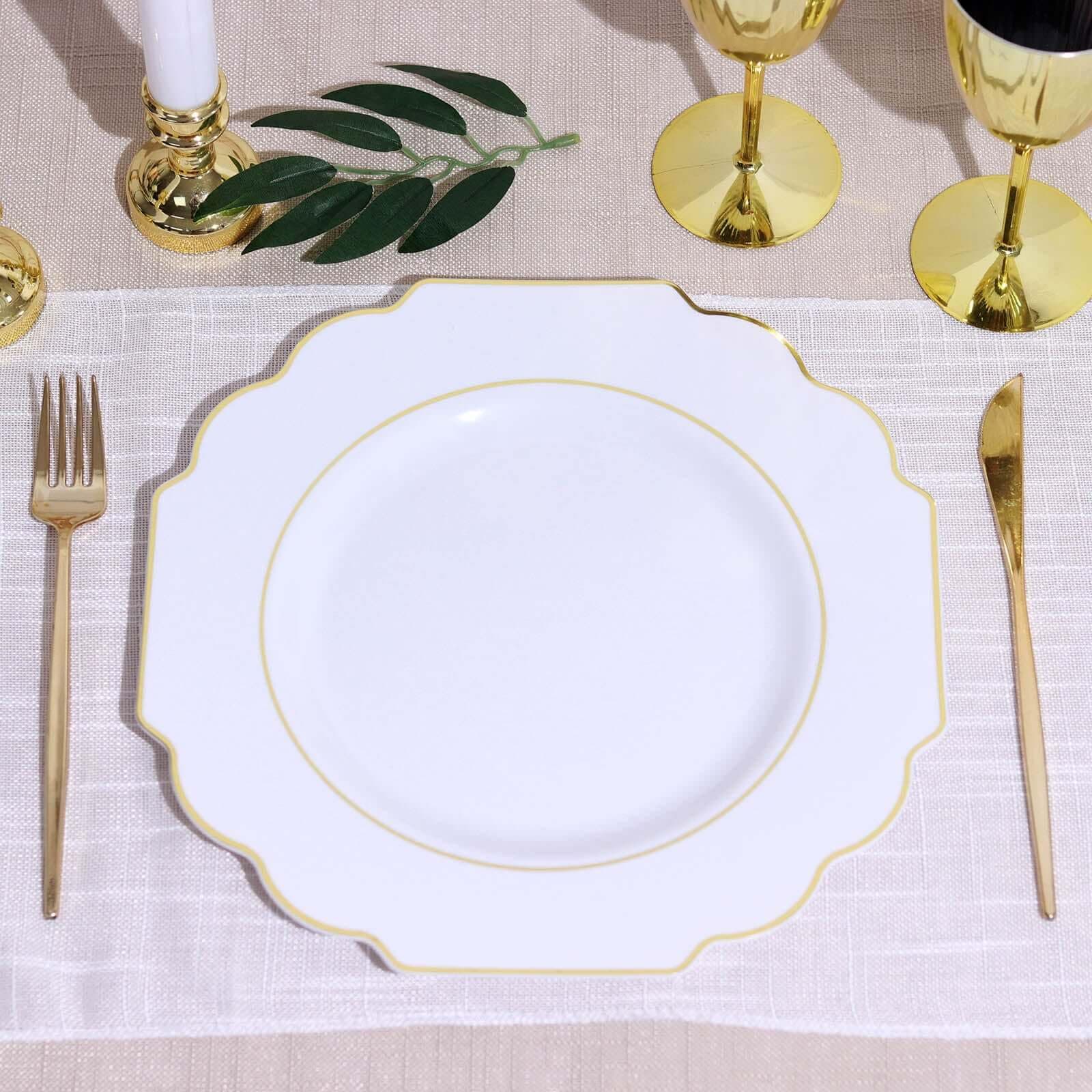 Efavormart 10 Pack | 11" White Hard Plastic Dinner Plates, Disposable Tableware, Baroque Heavy Duty Plates with Gold Rim