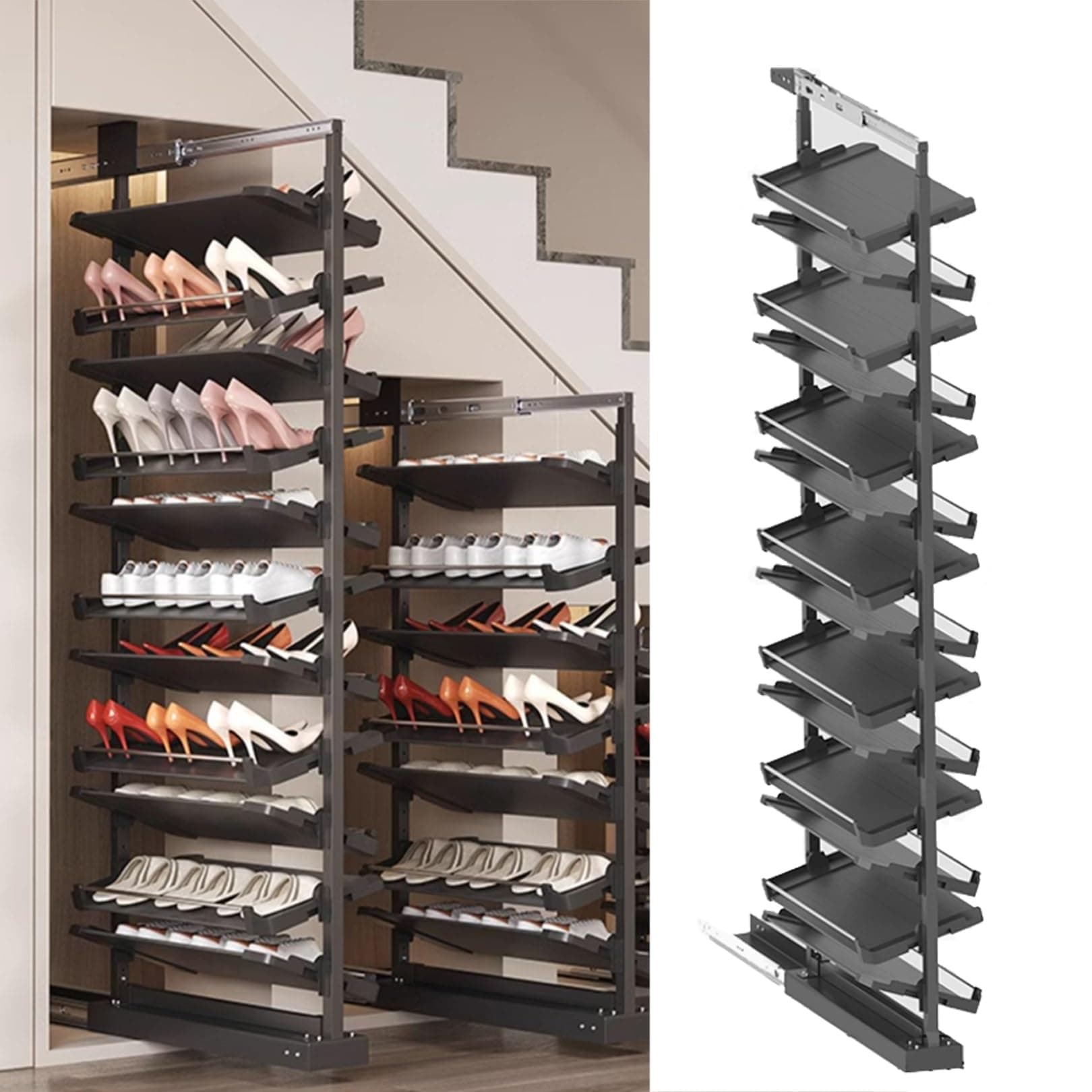 Pull-Out Shoe Rack Organizer for Closet Shoe Cabinet,Adjustable Height Retractable Metal Stackable Shoe Rack, Vertical Shelf Organizer for Small Bedroom Closet, Space Saving Storage, Black(50cm,15 Tie
