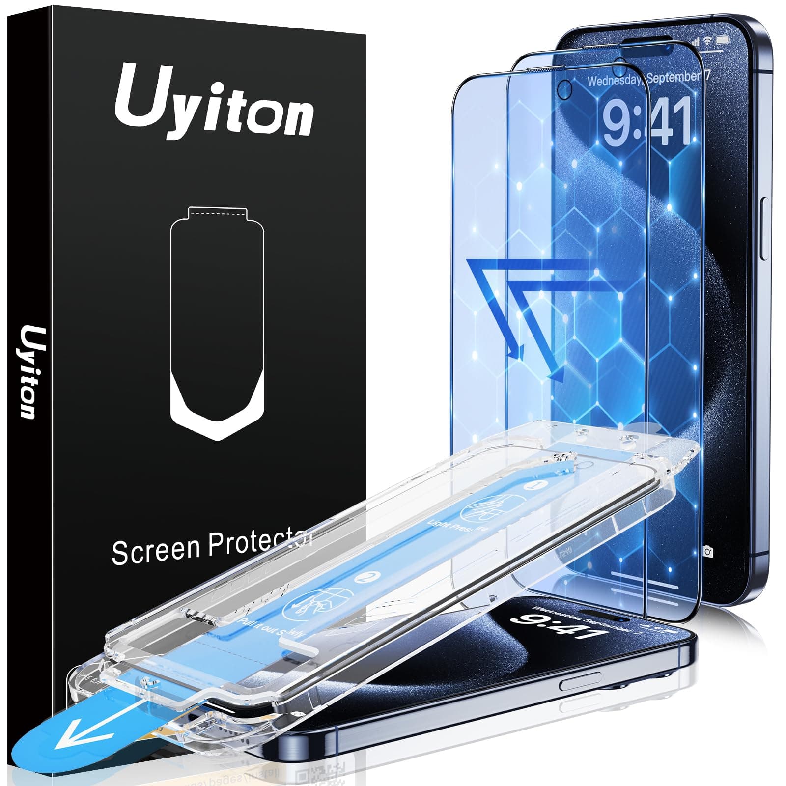 Uyiton Anti-Blue Light for iPhone 15 Pro Max Screen Protector - Unbreak-Glass Full Coverage Case Friendly Scratch Resistance 9H Tempered Glass Screen Protector for iPhone 15 Pro Max, 2 Pack