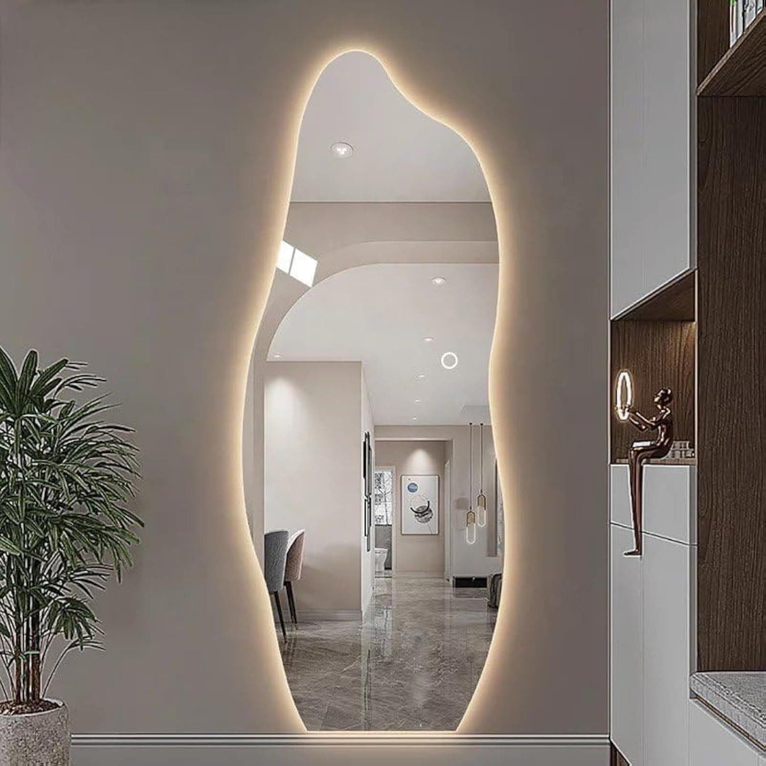 – Generic Full Length Mirror Standing Hanging or Leaning Against Wall Large Bedroom Mirror Floor Mirror Dressing Mirror Wall-Mounted Mirror Wood Frame Round 3 Color LED Light 70 * 165cm, 4242042
