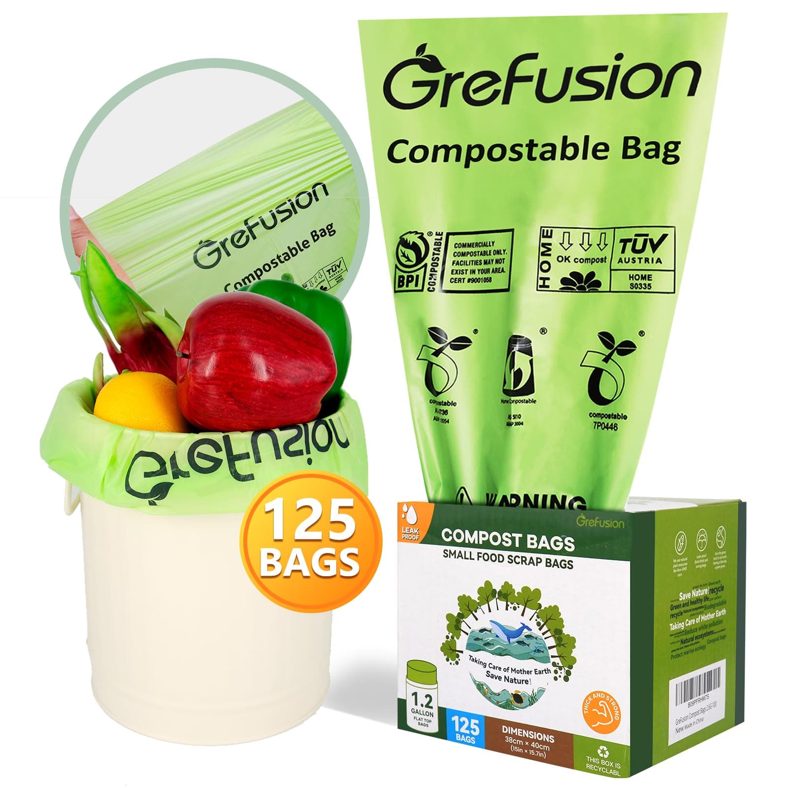 Compostable Bags for Kitchen Compost Bin, 1.2 Gallon, 125 Count, Certified by BPI and ASTM, Leakproof and Odor Control