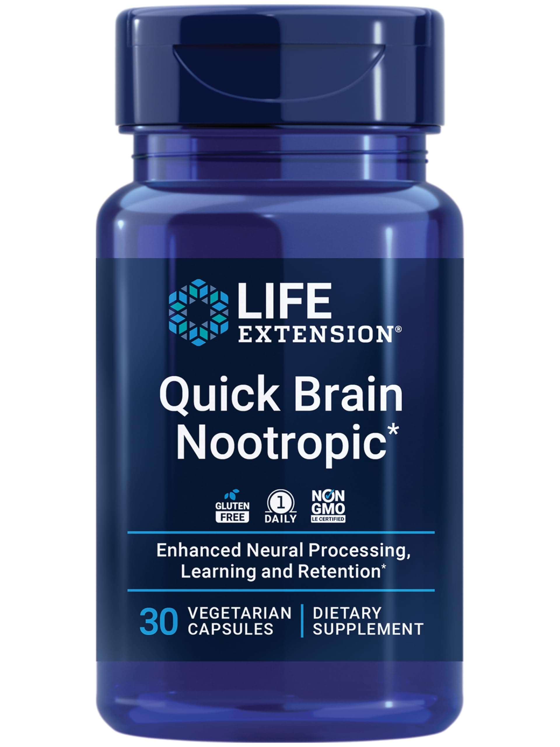 Life Extension Quick Brain Nootropic, Fast Thinking, Learning, Concentration, Lutein, zeaxanthin, gotu kola, bacopa, Gluten Free, Non-GMO, Vegetarian, 1 Daily, 30 Capsules