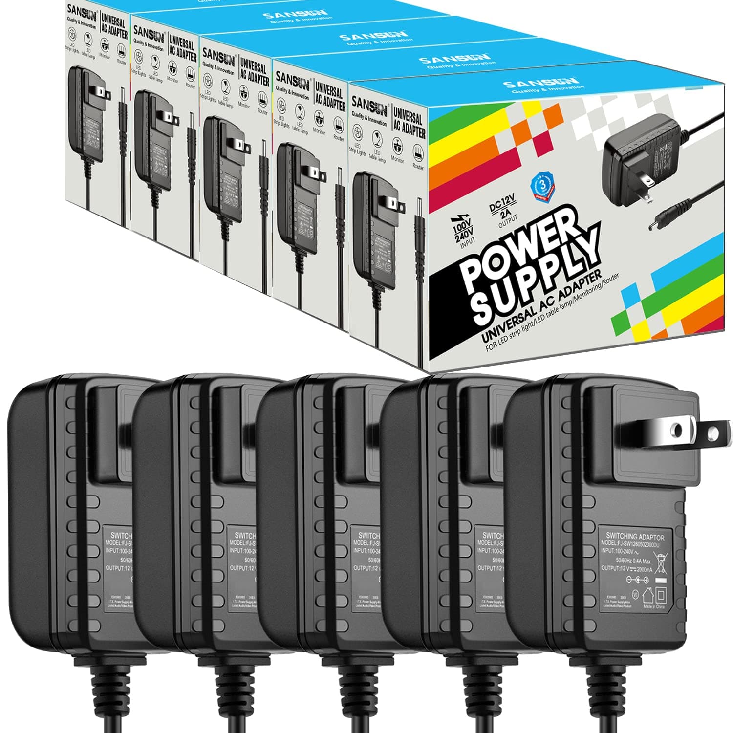 12 V DC Power Supply 2 A 24 W Adapter SANSUN 12 Volt Power Supply for LED Strip Lamps AC120 V to DC12 V Transformer (Pack of 5)