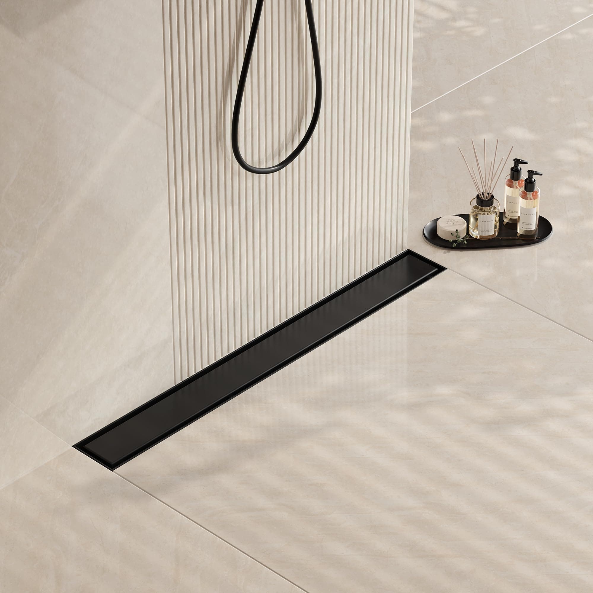 24 in Matte Black Linear Shower Drain- with 2-in-1 Flat & Tile Insert Cover, 304 Stainless Steel Rectangle Shower Floor Drain,Floor Shower Drain