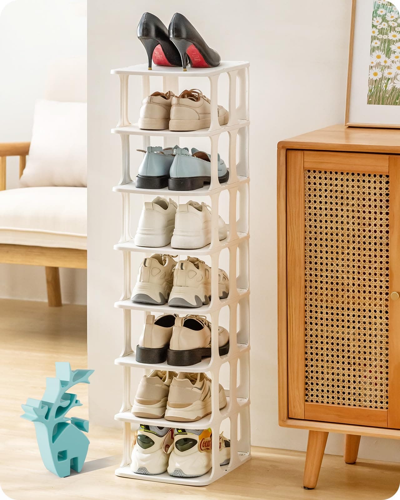 Baffect 8 Tier Shoe Rack, Free Standing Shoe Storage Organizer for Closet, Plastic Stackable Shoe Storage Tower, Vertical Shoe Holder For Entryway Space Saving Narrow Shoe Cabinet (White)