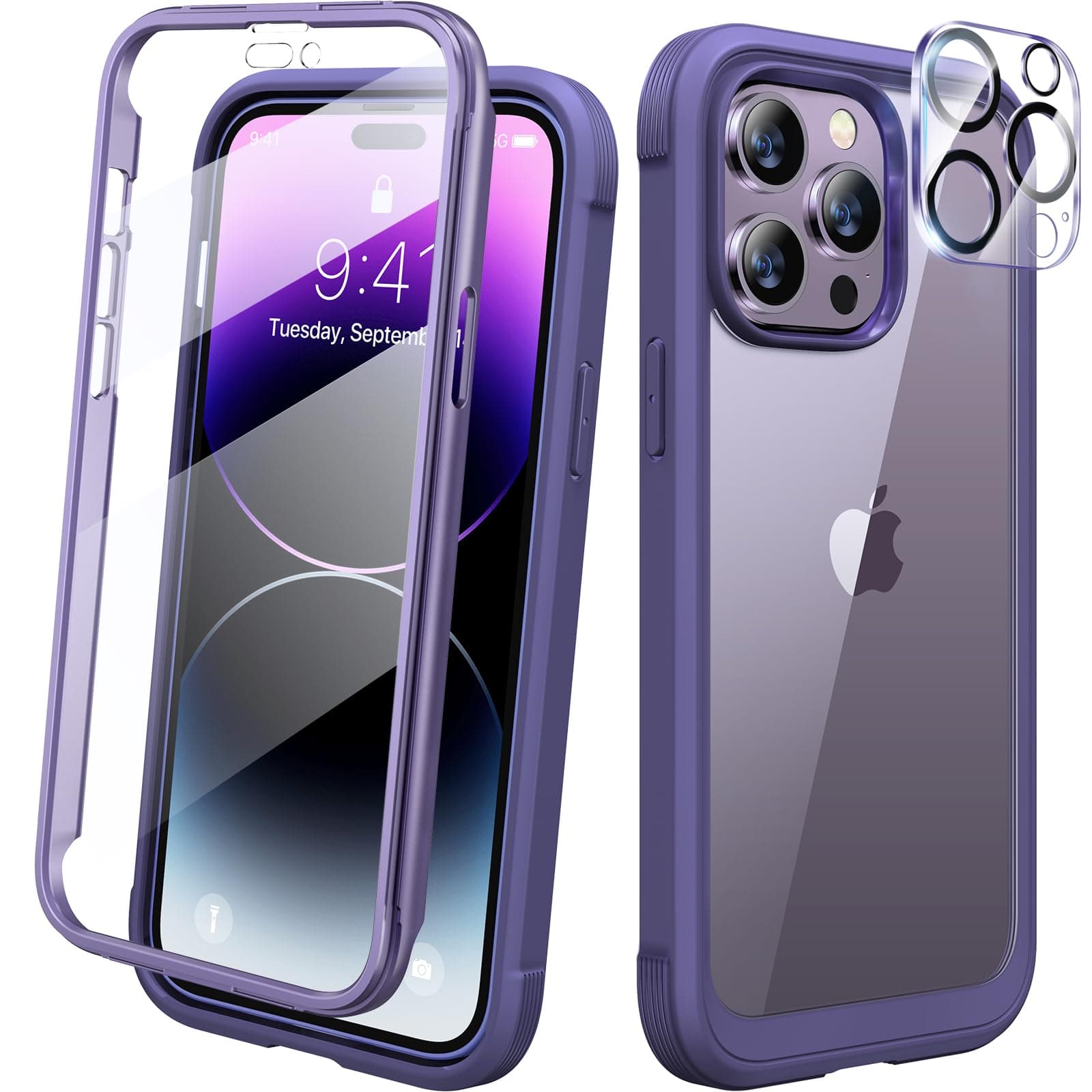 Diaclara Designed for iPhone 14 Pro Max Case 6.7’’, Full Body Rugged Phone Case w/Built-in Sensitive Anti-Scratch Screen Protector+9H Tempered Glass Camera Lens Protector(Royal Purple)