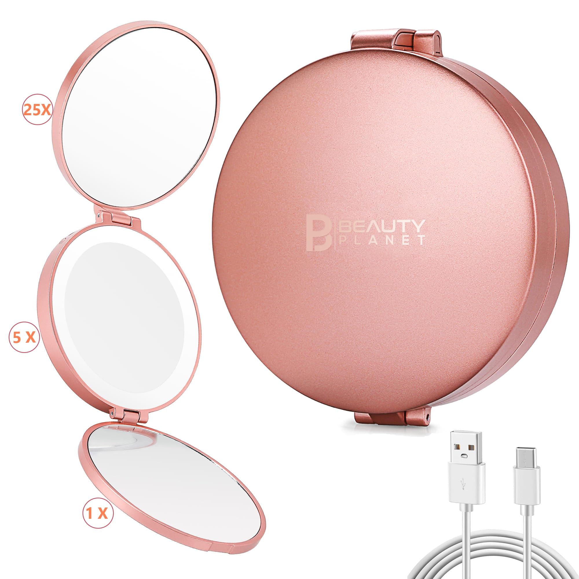 B Beauty PlanetLed Compact Mirror with Lights and Magnification, Small 1X 5X 25X Travel Magnifying Mirror, 4" Pocket Mirror for Women, Portable, Dimmable, Beauty Gift