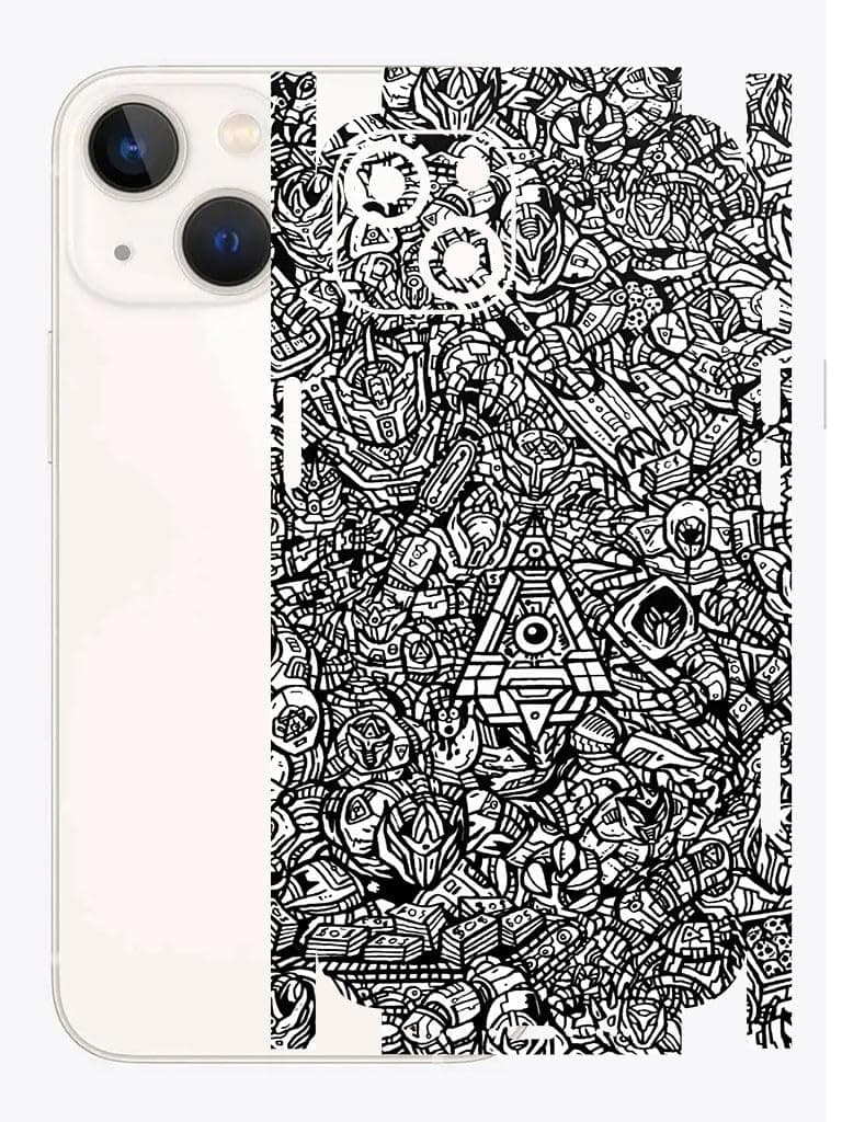 AtOdds - Compatible for iPhone 13 - Mobile Back Skin Sticker Wrap - Lamination - Rear Screen Guard Protector (Coverage - Back+Camera+Sides) (Design - Monocrome Bots)