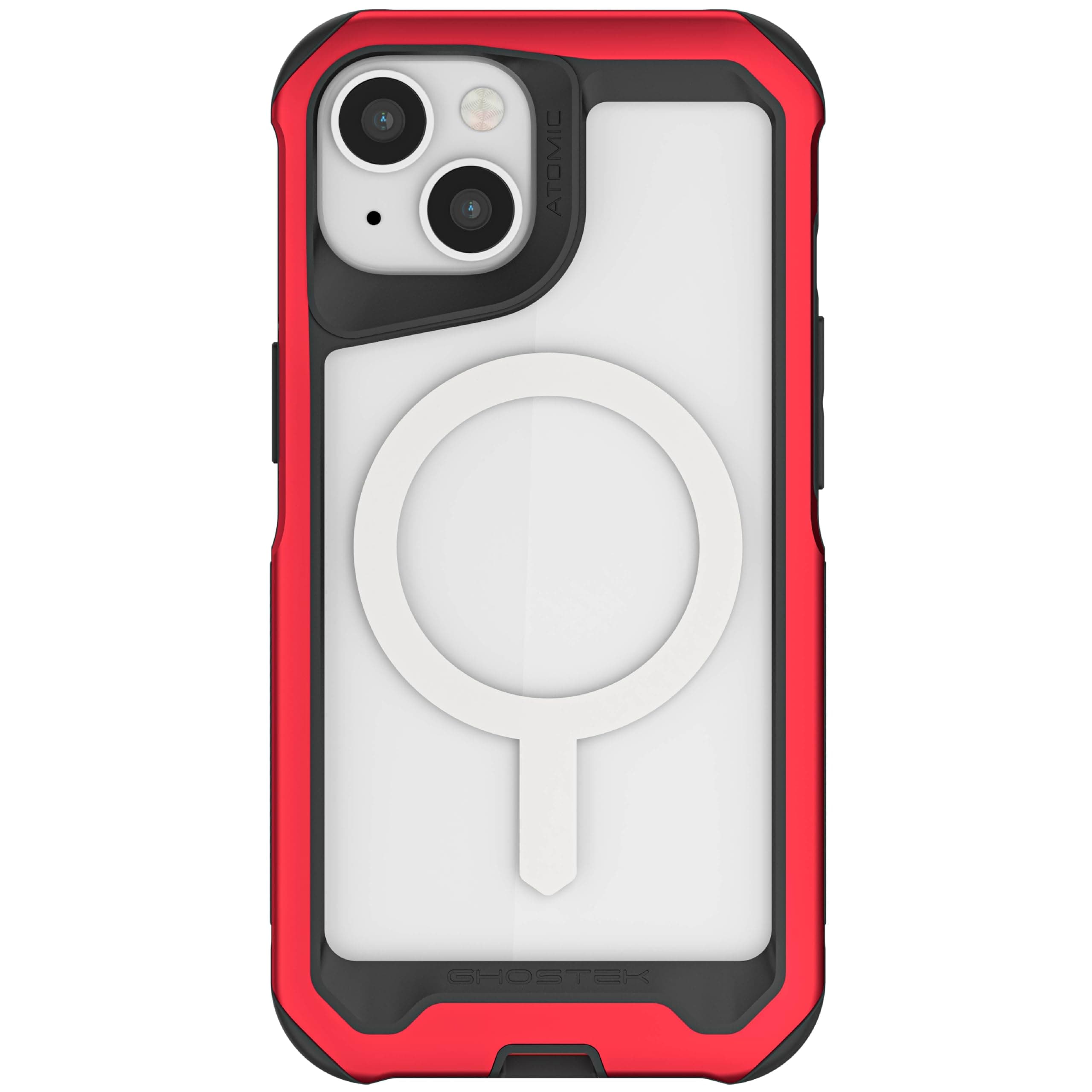 ATOMIC slim iPhone 14 Phone Case with MagSafe Magnetic Ring and Clear Back Design Tough Heavy Duty Aluminum Metal Bumper Non-Slip Grip Covers Designed for 2022 Apple iPhone 14 (6.1 inch) (Red)