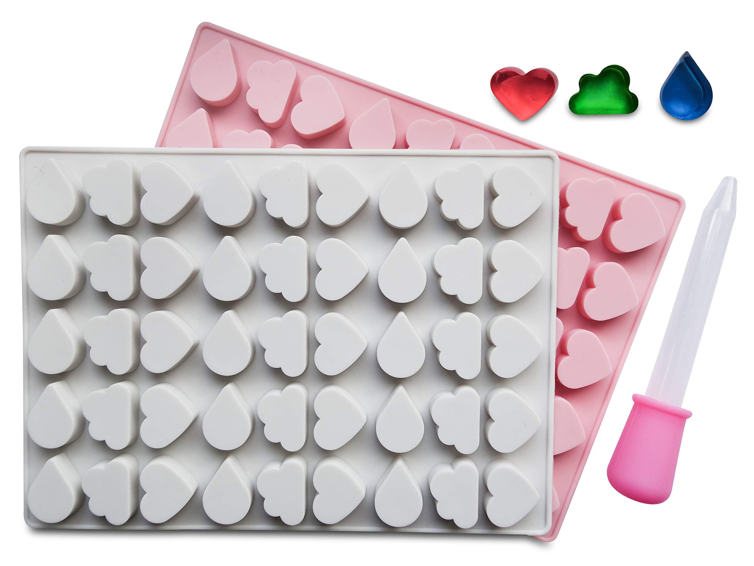 Mini Heart, Cloud & Raindrop Silicone Mold 2 Pack - BPA Free, Perfect for Gelatin Gummies, Chocolate, Caramel, Ice Cubes, Bonus Dropper Included