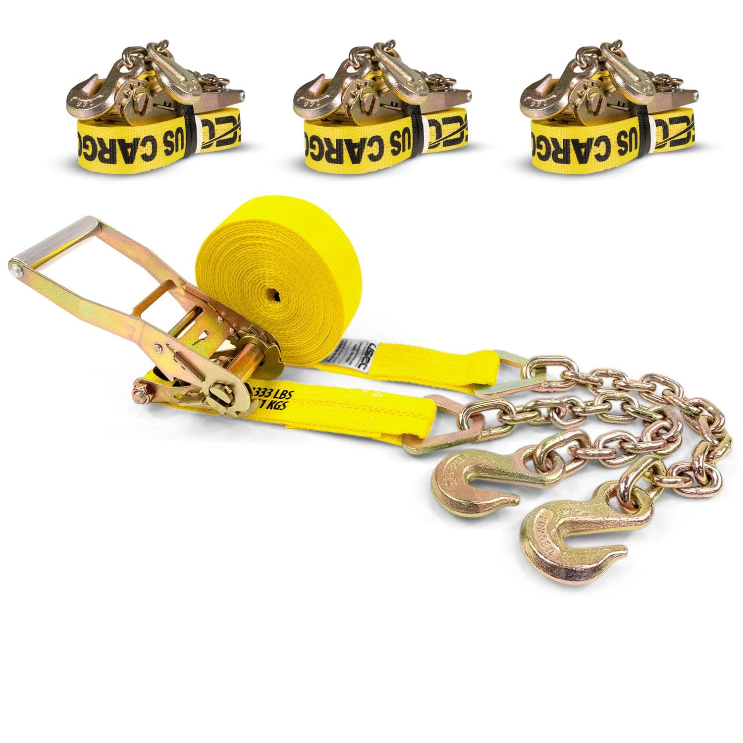 US Cargo Control, Ratchet Straps with Chain Extension, 2 Inch Wide X 30 Foot Long, Ratchet Straps Chain End, Heavy Equipment Ratchet Straps, Commercial Ratchet Straps, Chain Tiedowns 4 Pack