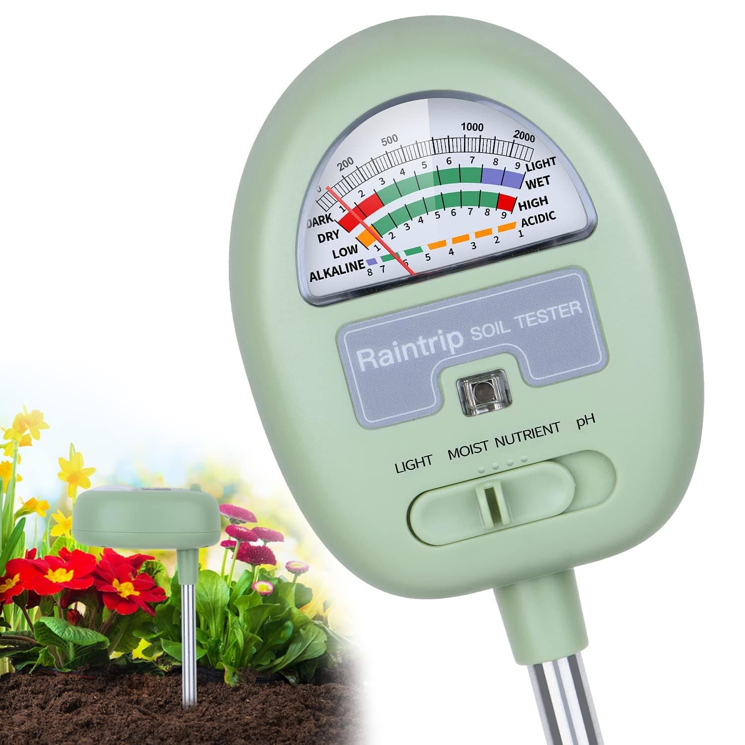 Raintrip Soil Moisture Meter, 4-in-1 Soil Ph Meter, Soil Tester for Moisture, Light, Nutrients, pH Plant Care Tools, Perfect for Garden, Lawn, Farm, Indoor and Outdoor Use (No Batteries Required)